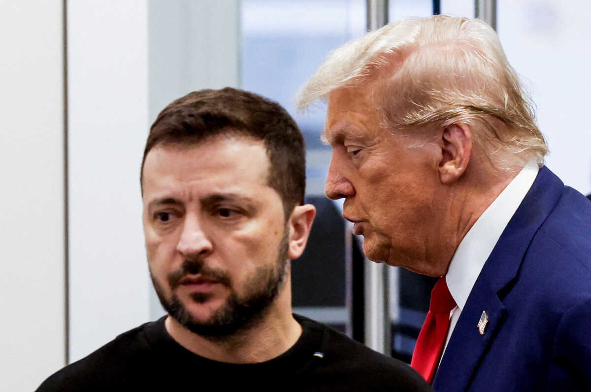 Republican presidential nominee and former U.S. President Donald Trump and Ukraine's President Volodymyr Zelenskiy meet at Trump Tower in New York City, U.S., September 27, 2024.  REUTERS