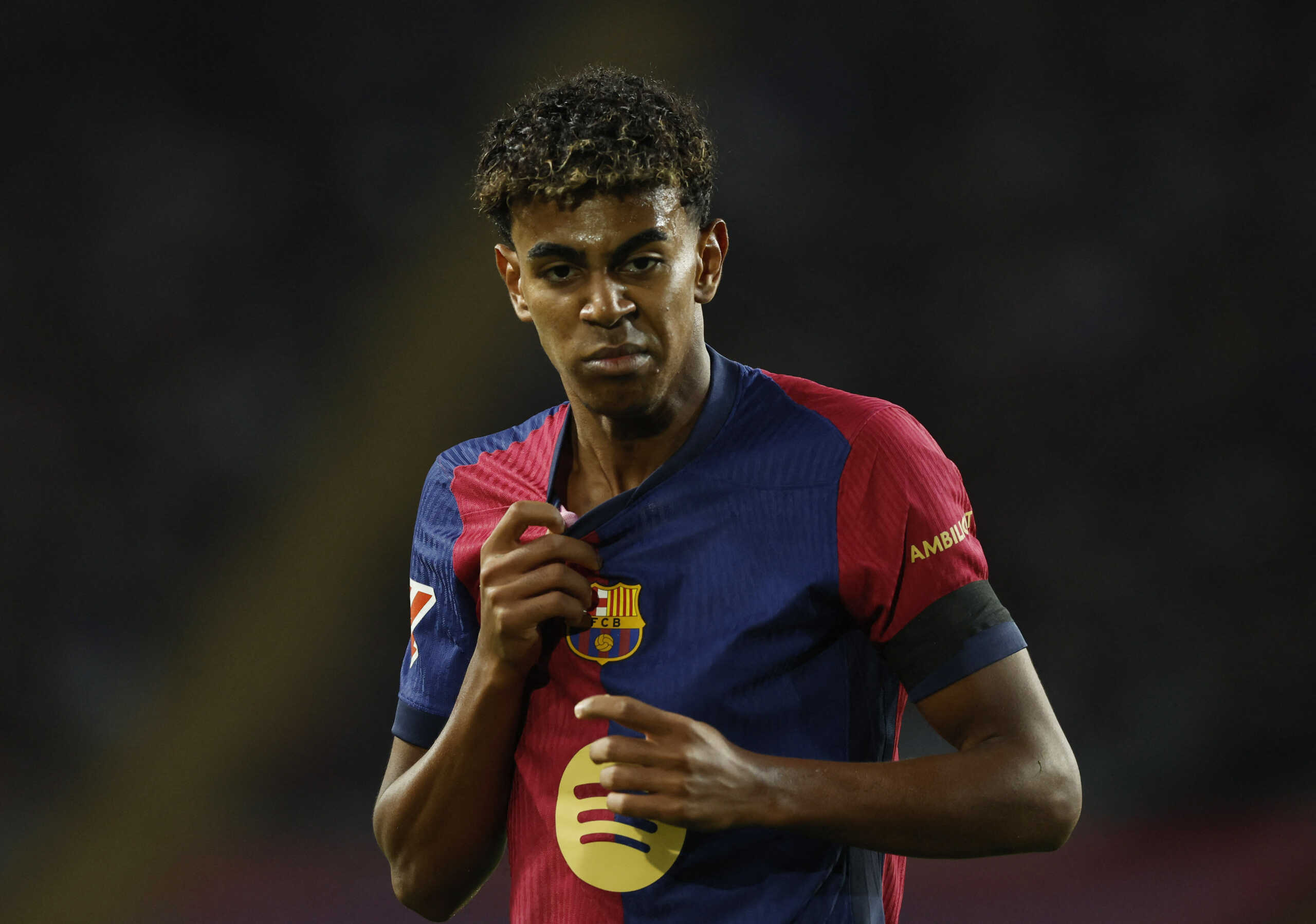 Soccer Football - LaLiga - FC Barcelona v Sevilla - Estadi Olimpic Lluis Companys, Barcelona, Spain - October 20, 2024 FC Barcelona's Lamine Yamal celebrates after Robert Lewandowski scores their third goal REUTERS