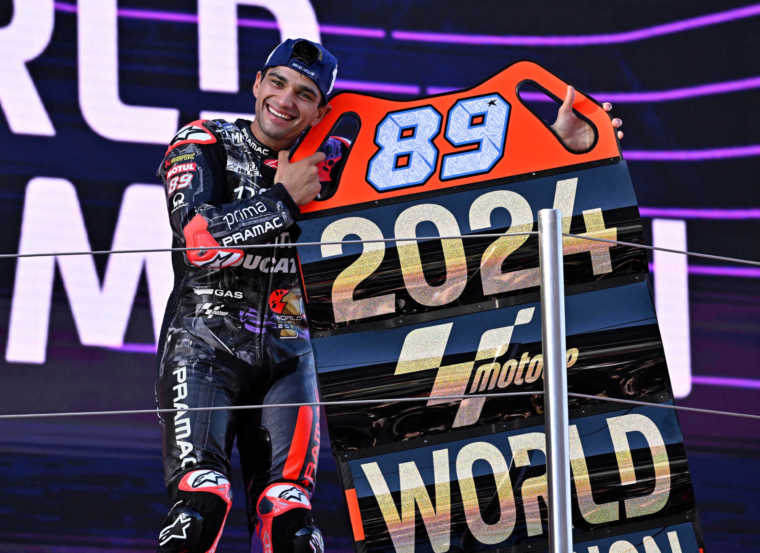 MotoGP - Solidarity Grand Prix of Barcelona - Circuit de Barcelona-Catalunya, Barcelona, Spain - November 17, 2024 Prima Pramac Racing's Jorge Martin celebrates on the podium after winning the MotoGP World Championship REUTERS