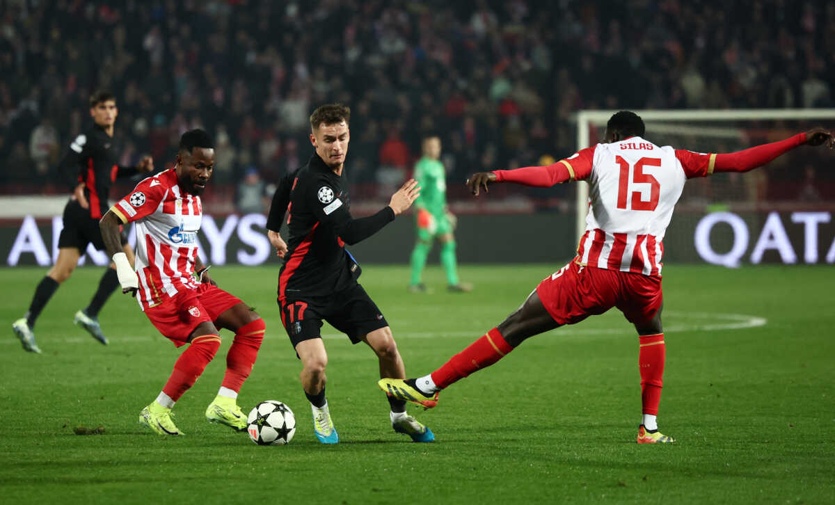 Soccer Football - Champions League - Crvena Zvezda v FC Barcelona - Rajko Mitic Stadium, Belgrade, Serbia - November 6, 2024 FC Barcelona's Marc Casado in action with Crvena Zvezda's Silas REUTERS