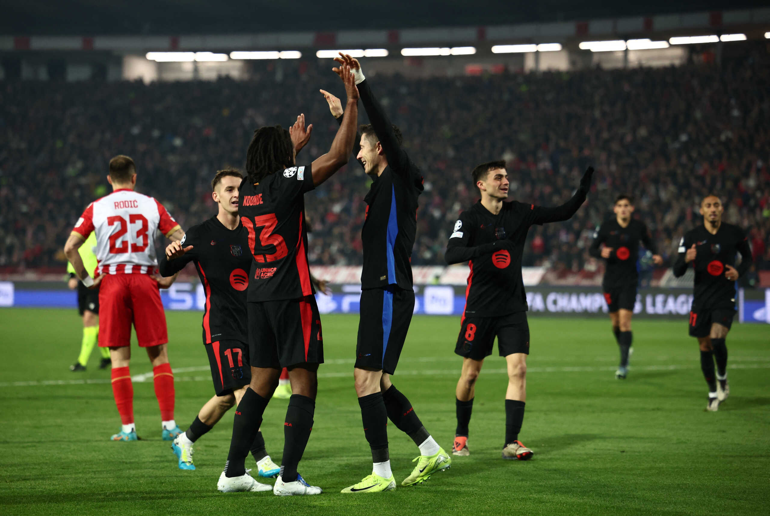 Soccer Football - Champions League - Crvena Zvezda v FC Barcelona - Rajko Mitic Stadium, Belgrade, Serbia - November 6, 2024 FC Barcelona's Robert Lewandowski celebrates scoring their third goal with Jules Kounde and teammates REUTERS