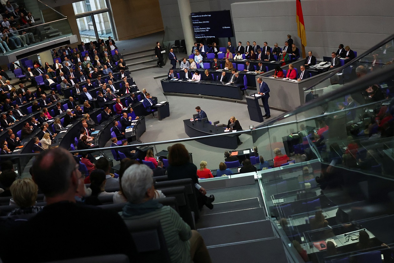German opposition leader Friedrich Merz of the Christian Democratic Union party (CDU) addresses the lower house of parliament, the Bundestag, in Berlin, Germany November 13, 2024. REUTERS