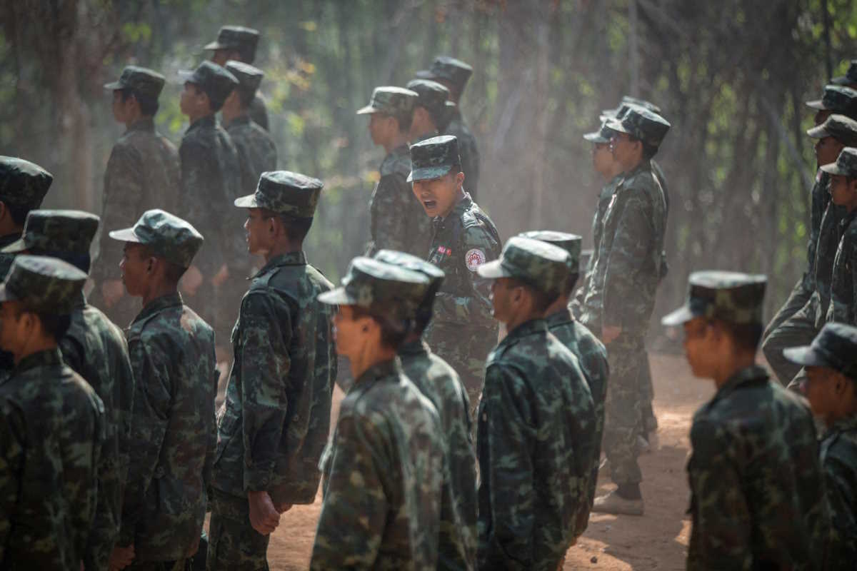 FILE PHOTO: A trainer for the Bamar People's Liberation Army (BPLA) shouts during a training session at a training camp in territory belonging to the Karen National Liberation Army (KNLA), in Karen State, Myanmar, March 6, 2024. REUTERS
