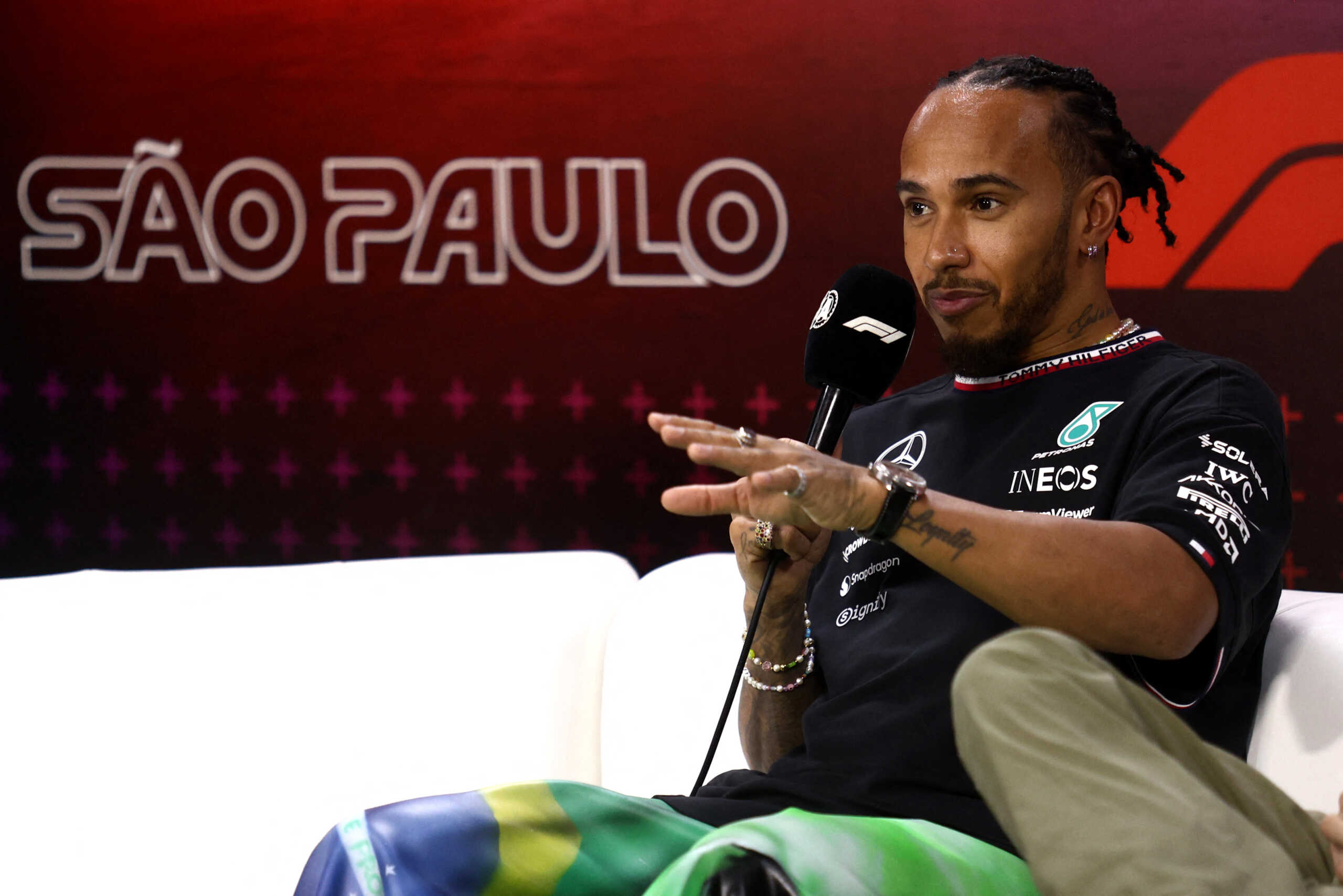 Formula One F1 - Sao Paulo Grand Prix - Autodromo Jose Carlos Pace, Sao Paulo, Brazil - October 31, 2024 Mercedes' Lewis Hamilton during the press conference REUTERS