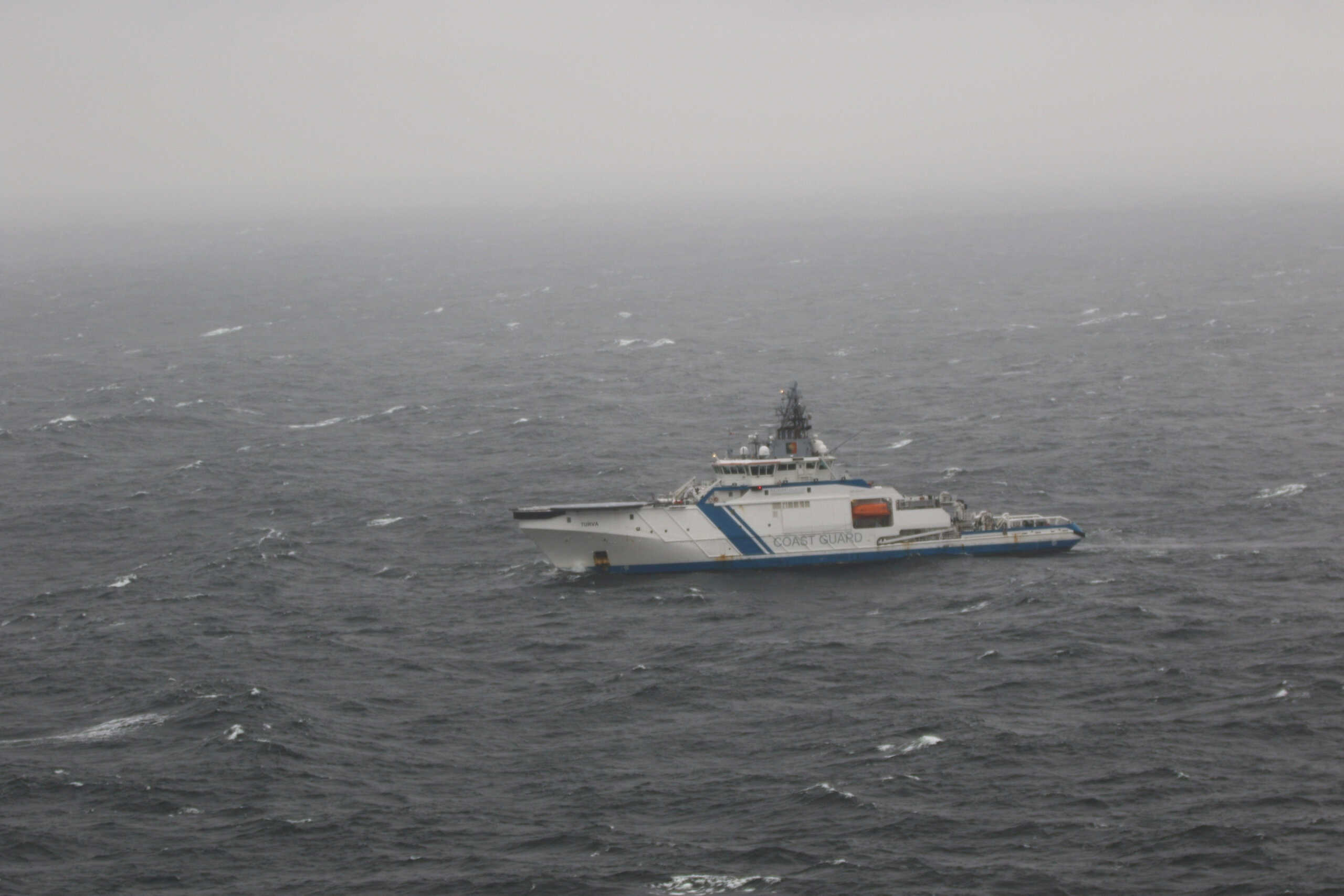 The picture provided by The Finnish Border Guard shows Finnish Border Guard's offshore patrol vessel Turva guarding on October 11, 2023 at sea near the place where damaged Balticconnector gas pipeline is pinpointed at the Gulf of Finland. Lehtikuva