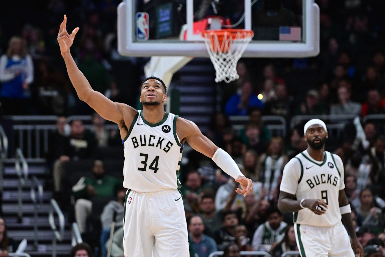Nov 7, 2024; Milwaukee, Wisconsin, USA;  Milwaukee Bucks forward Giannis Antetokounmpo (34) gestures in the fourth quarter against the Utah Jazz at Fiserv Forum. Mandatory Credit: Benny Sieu-Imagn Images