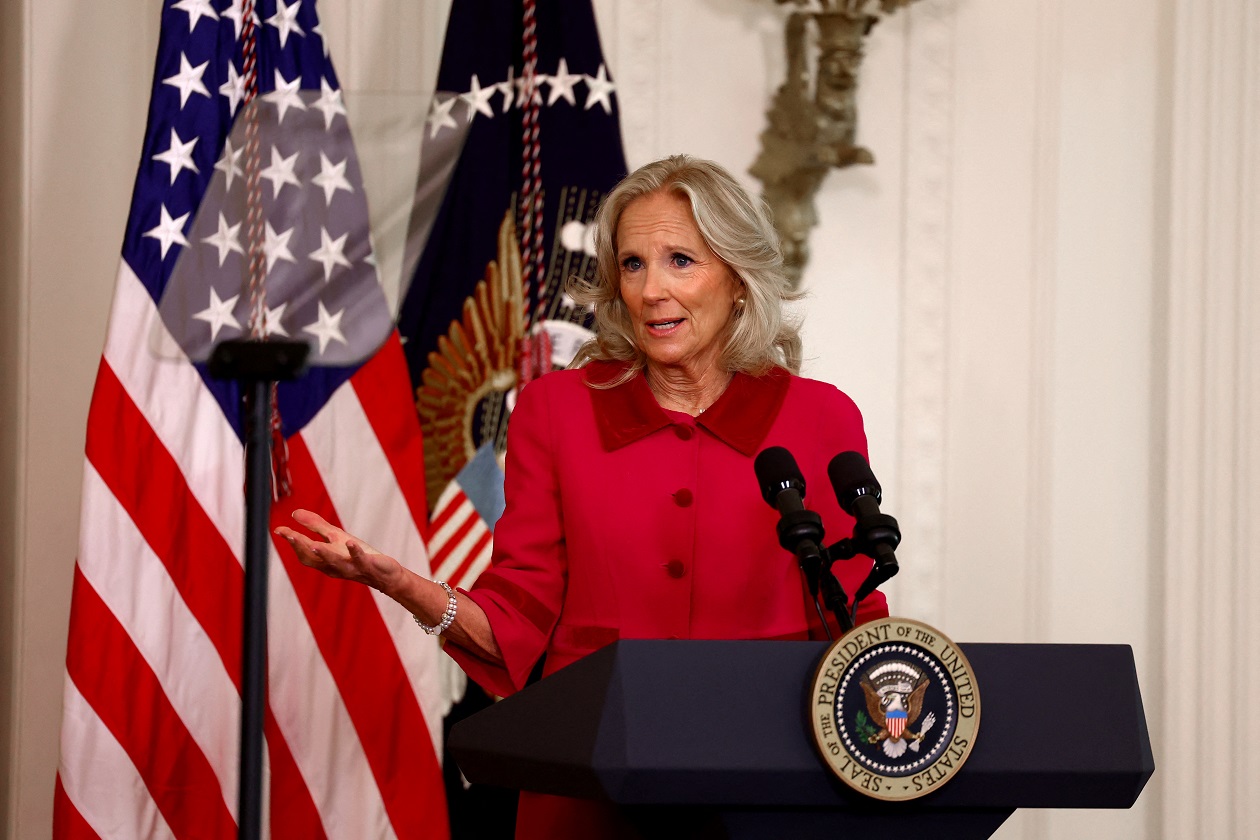 U.S. first lady Jill Biden speaks on the day U.S. President Joe Biden meets with President-elect Donald Trump at the White House in Washington, U.S., November 13, 2024. REUTERS