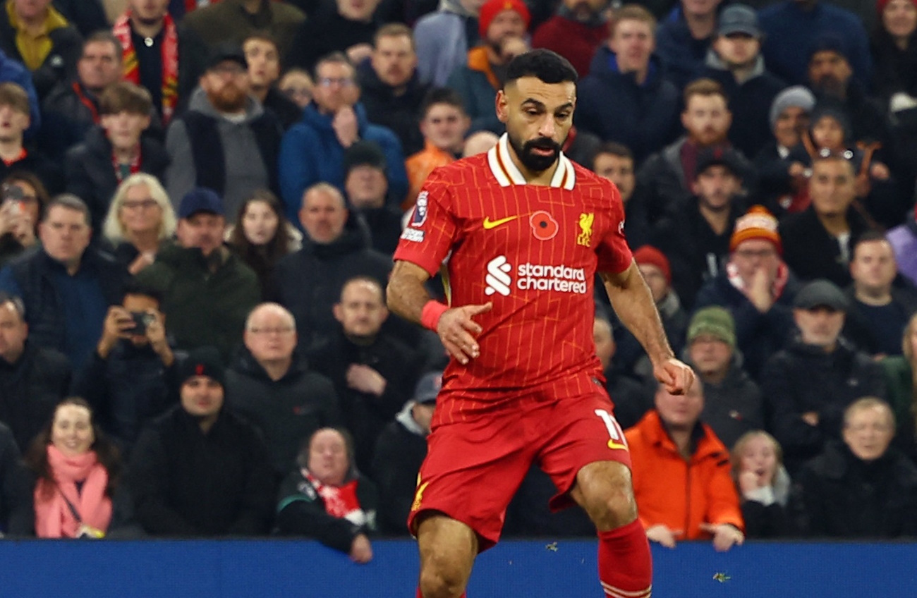 Soccer Football - Premier League - Liverpool v Aston Villa - Anfield, Liverpool, Britain - November 9, 2024 Liverpool's Mohamed Salah scores their second goal REUTERS