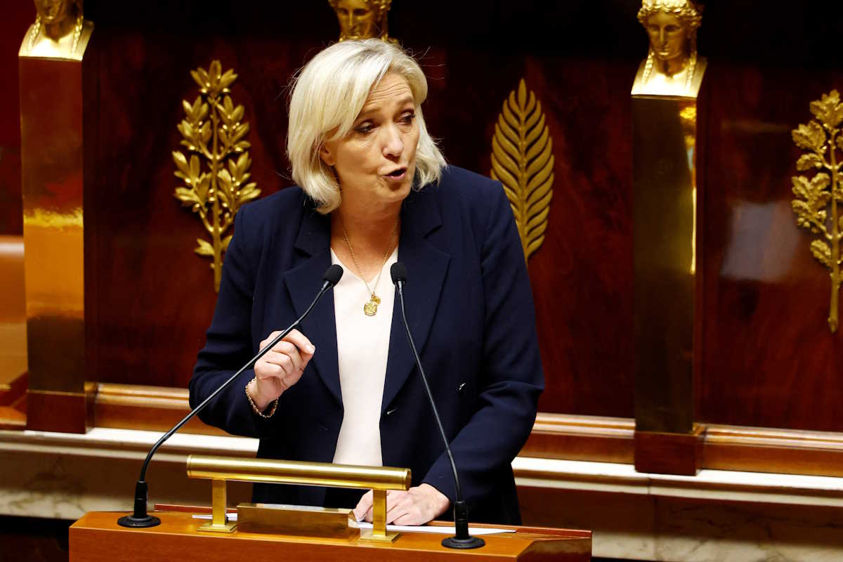 French far-right leader and member of parliament Marine Le Pen, President of the French far-right National Rally (Rassemblement National - RN) party parliamentary group, delivers a speech during a debate session on the first part of the 2025 budget bill (PLF) at the National Assembly in Paris, France, October 22, 2024. REUTERS