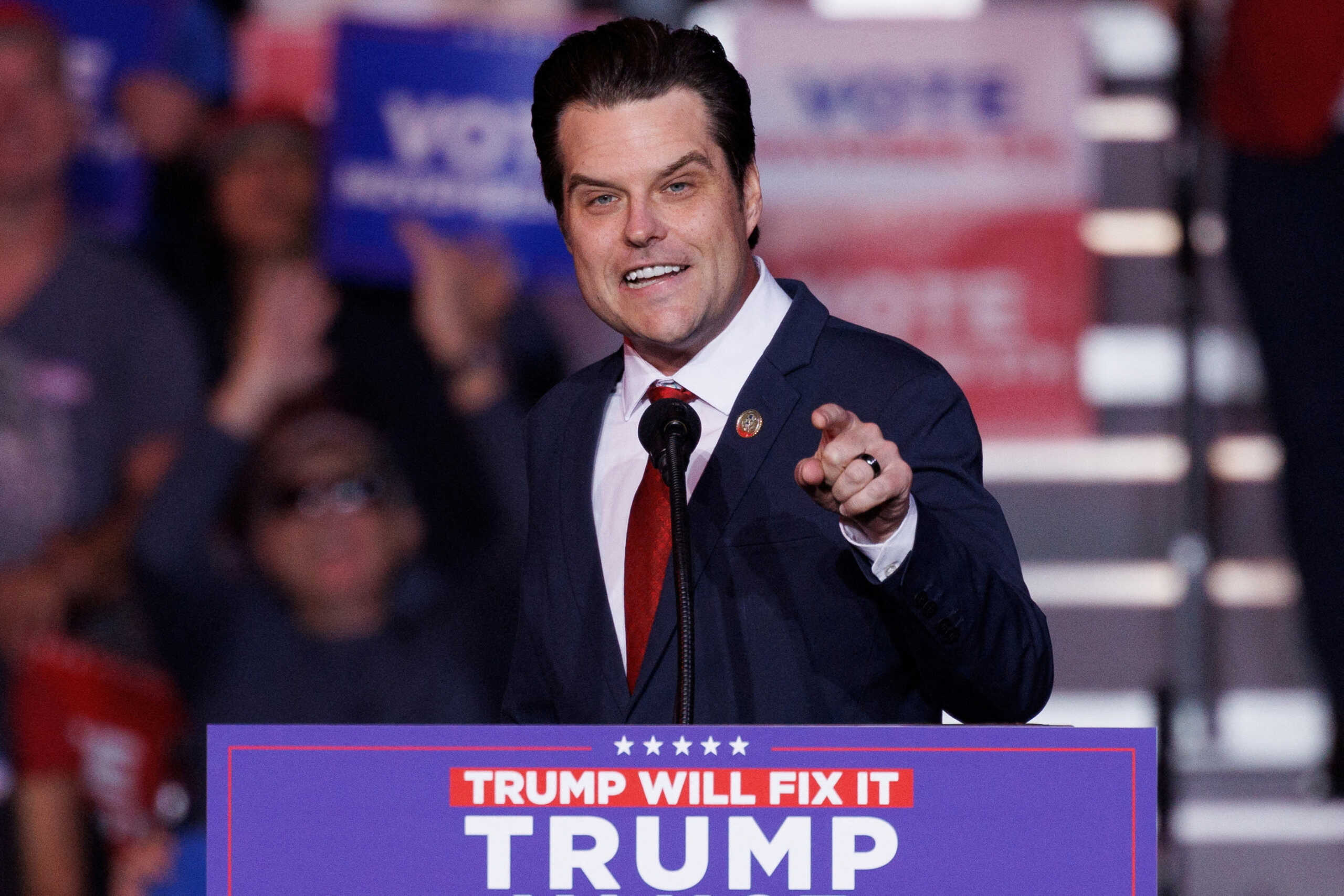 FILE PHOTO: Republican U.S. Representative Matt Gaetz speaks at a campaign rally for Republican presidential nominee and former U.S. President Donald Trump in Henderson, Nevada U.S. October 31, 2024.  REUTERS