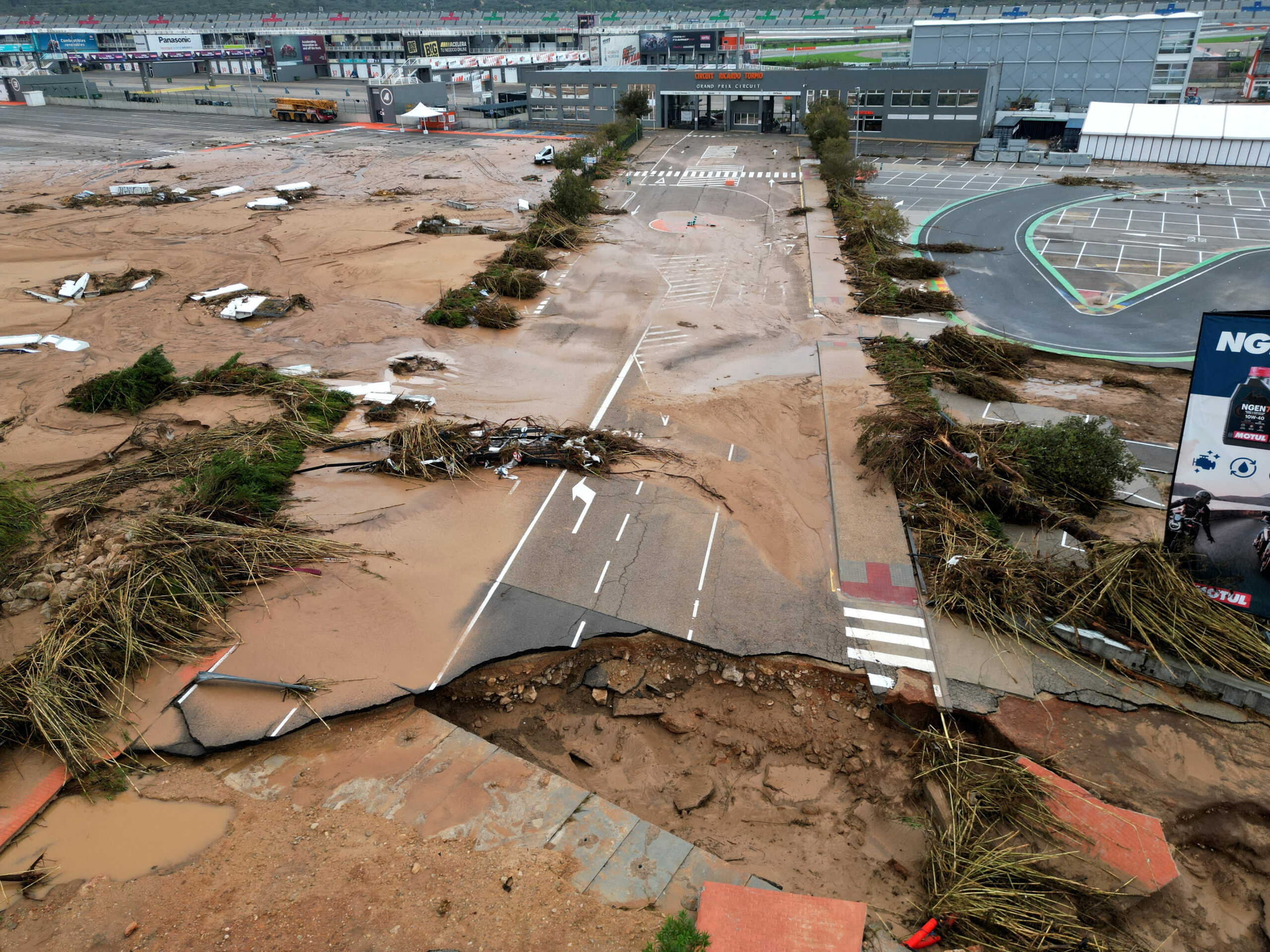 MotoGP - Valencia Grand Prix Cancelled - Circuit Ricardo Tormo, Valencia, Spain - November 4, 2024 A drone view shows damage to the entrance of the Circuit Ricardo Tormo after the Valencia Grand Prix was cancelled following heavy rains that caused floods REUTERS