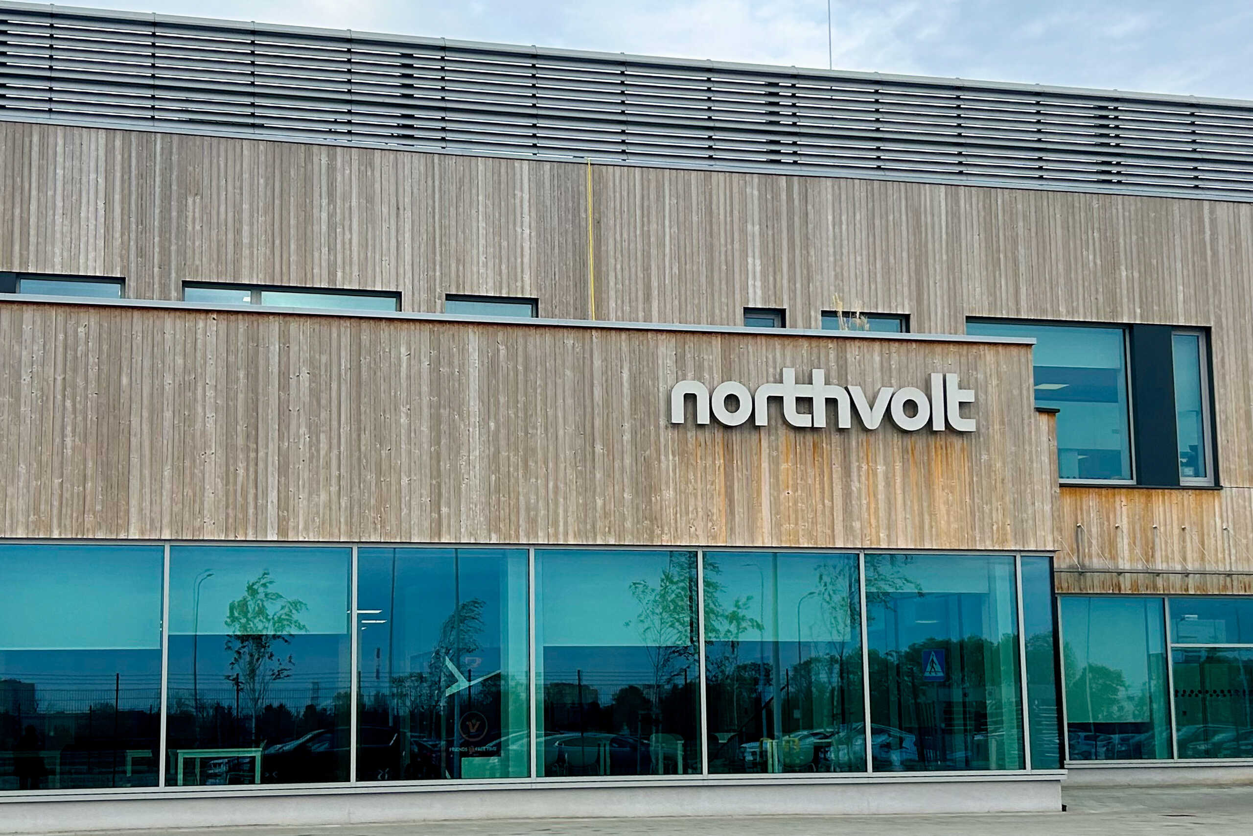 A logo is displayed on battery maker Northvolt's energy storage system plant in Gdansk, Poland,  October 21, 2024. REUTERS