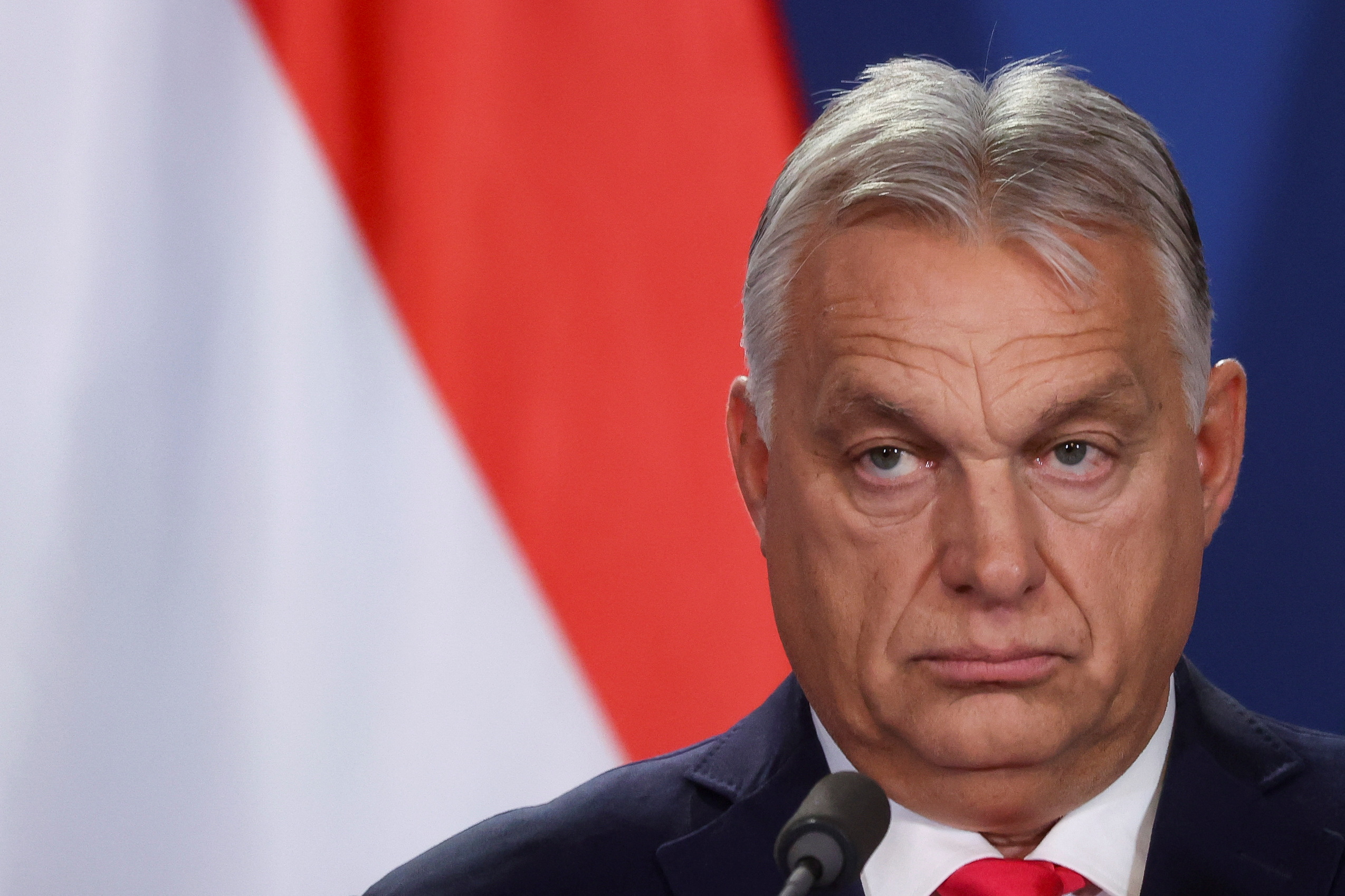 Hungarian Prime Minister Viktor Orban looks on as he gives a statement with Serbian President Aleksandar Vucic (not pictured) after the countries' bilateral committee for strategic cooperation meeting in Budapest, Hungary, November 14, 2024. REUTERS