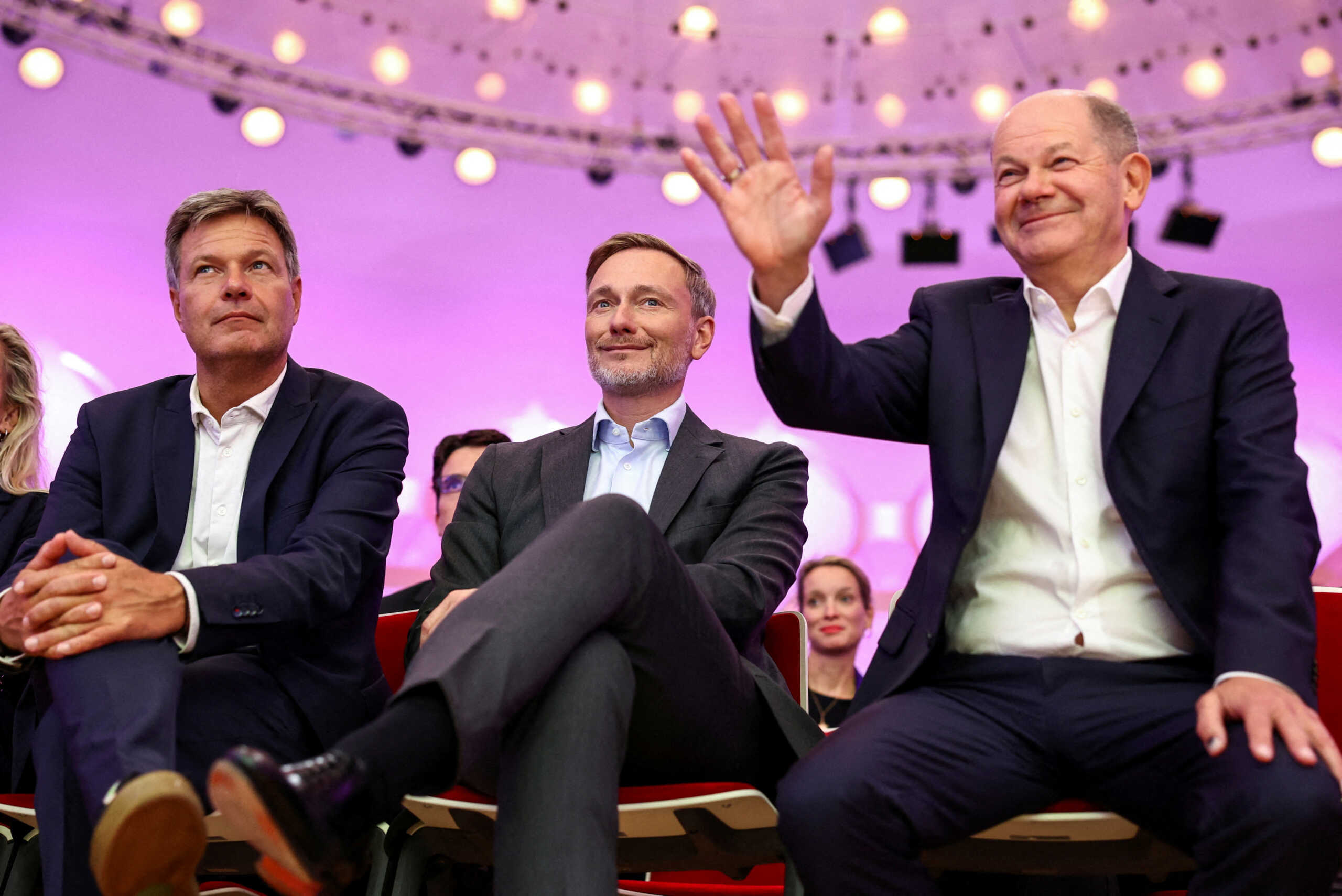 FILE PHOTO: German Economy Minister Robert Habeck, Finance Minister Christian Lindner and German Chancellor Olaf Scholz attend Startup Germany Summit, in Berlin, Germany, September 17, 2024. REUTERS
