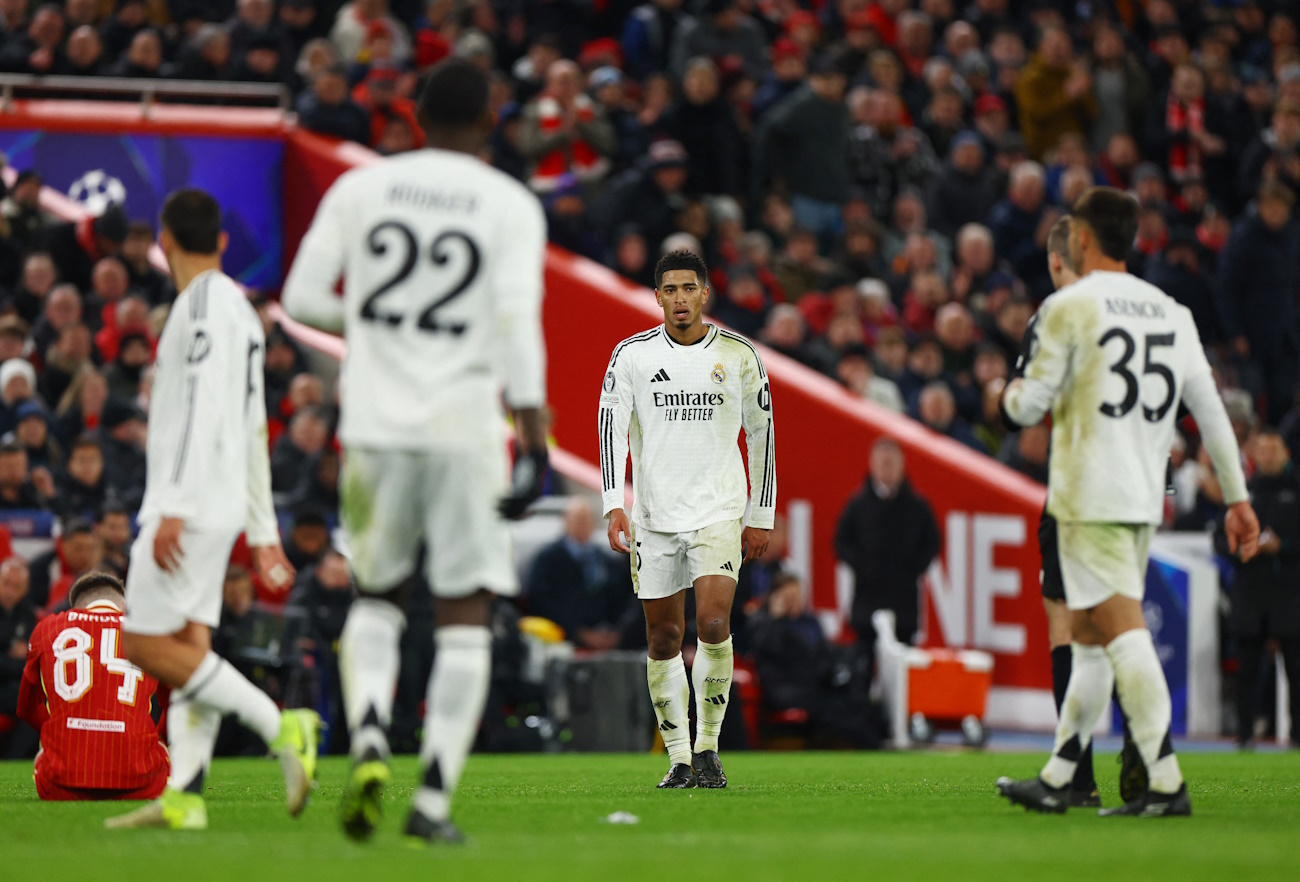 Soccer Football - Champions League - Liverpool v Real Madrid - Anfield, Liverpool, Britain - November 27, 2024 Real Madrid's Jude Bellingham reacts REUTERS