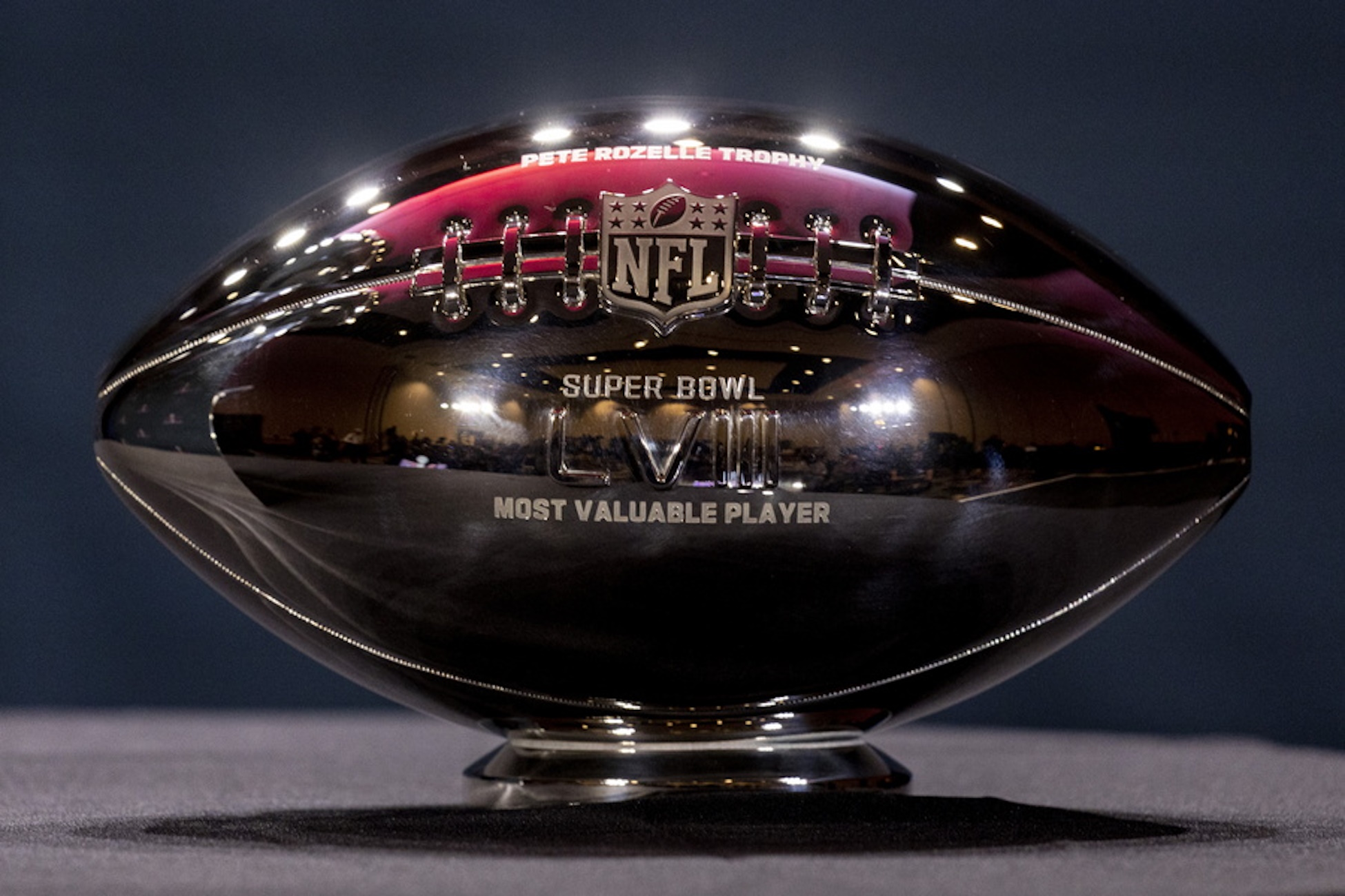 epa11148156 The NFL Pete Rozelle Trophy is displayed during the winning team head coach and MVP press conference in Las Vegas, Nevada, USA, 12 February 2024.  EPA