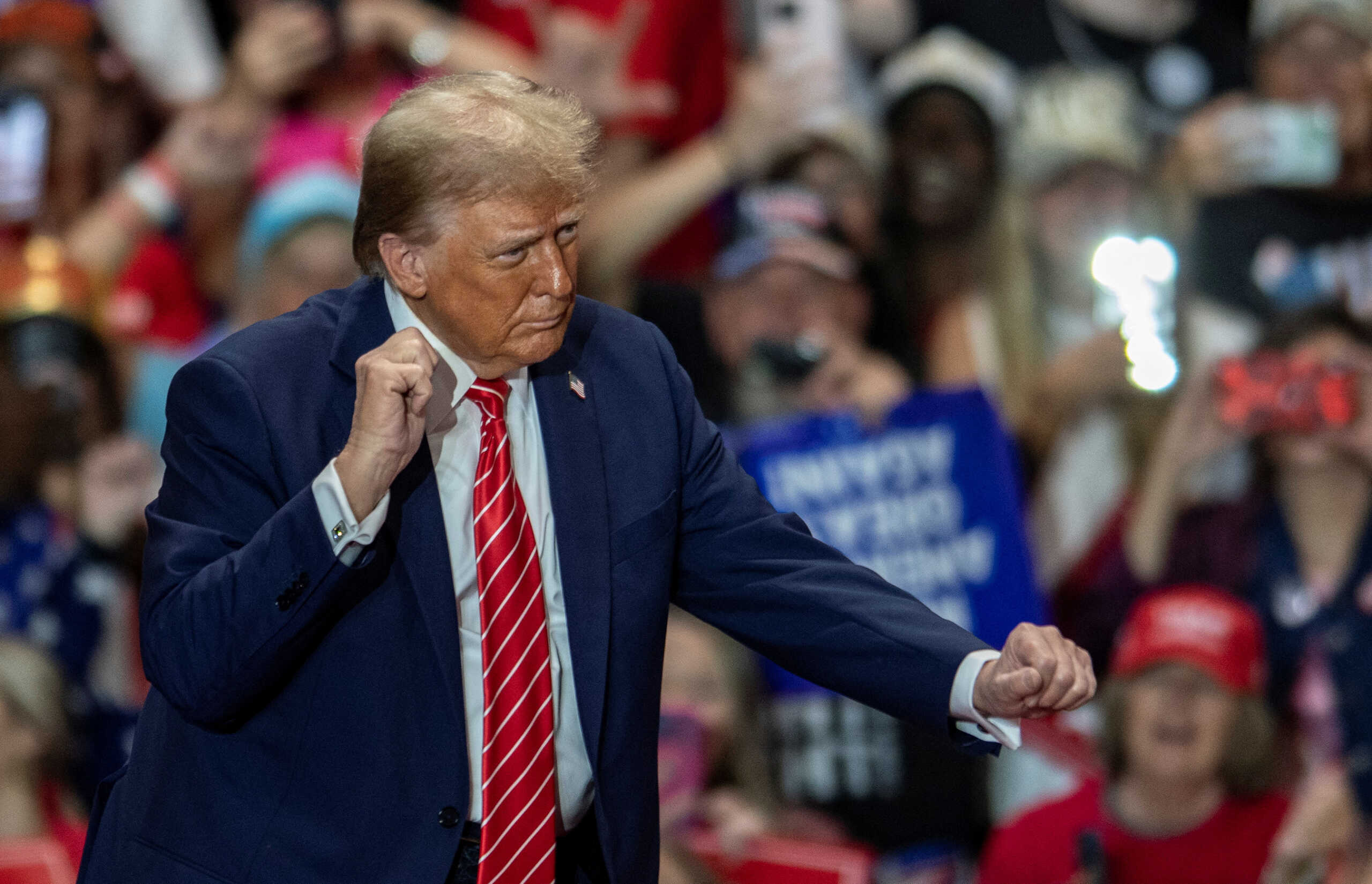 Republican presidential nominee and former U.S. President Donald Trump dances as he leaves the stage at a campaign rally at the Rocky Mount Event Center in Rocky Mount, North Carolina, U.S., October 30, 2024. REUTERS