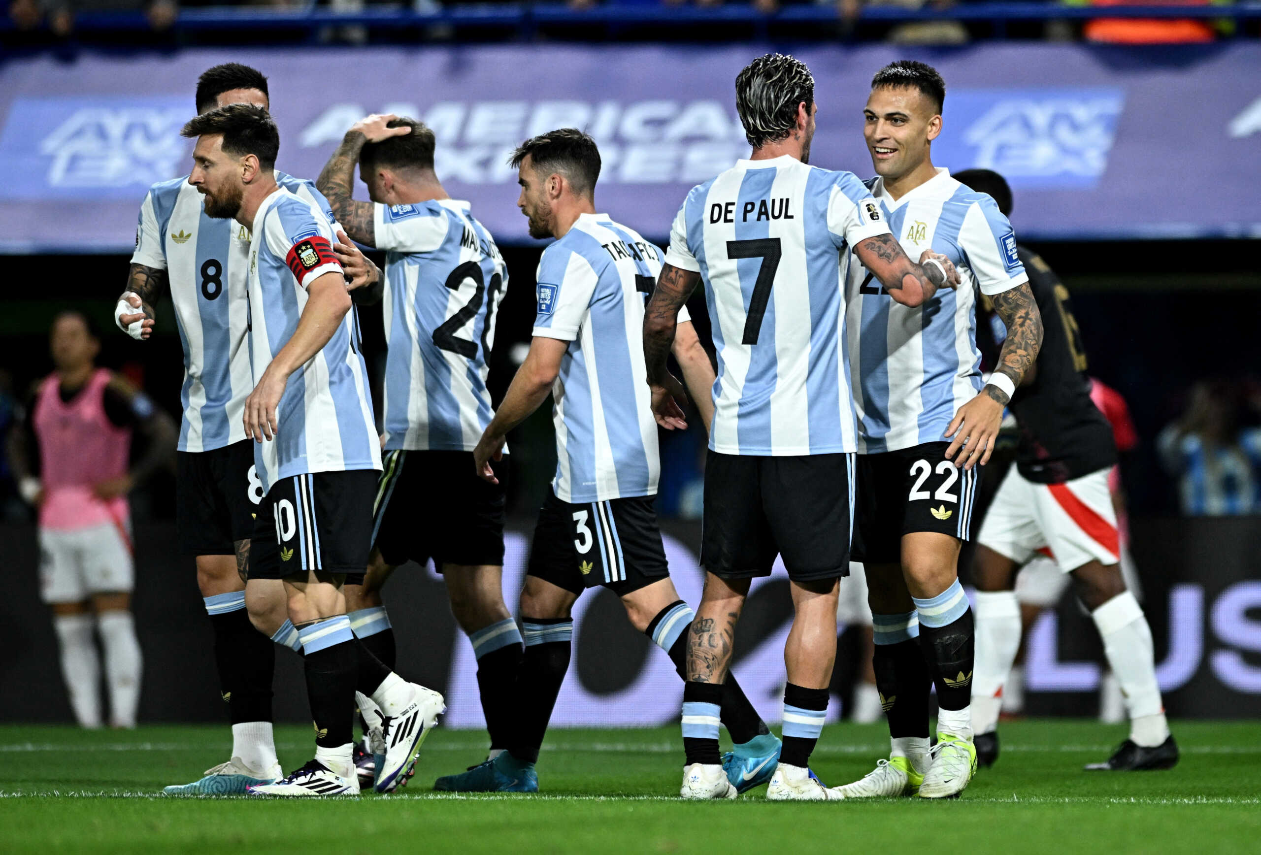 Soccer Football - World Cup - South American Qualifiers - Argentina v Peru - Estadio Mas Monumental, Buenos Aires, Argentina - November 19, 2024 Argentina's Lautaro Martinez celebrates scoring their first goal with Rodrigo De Paul REUTERS