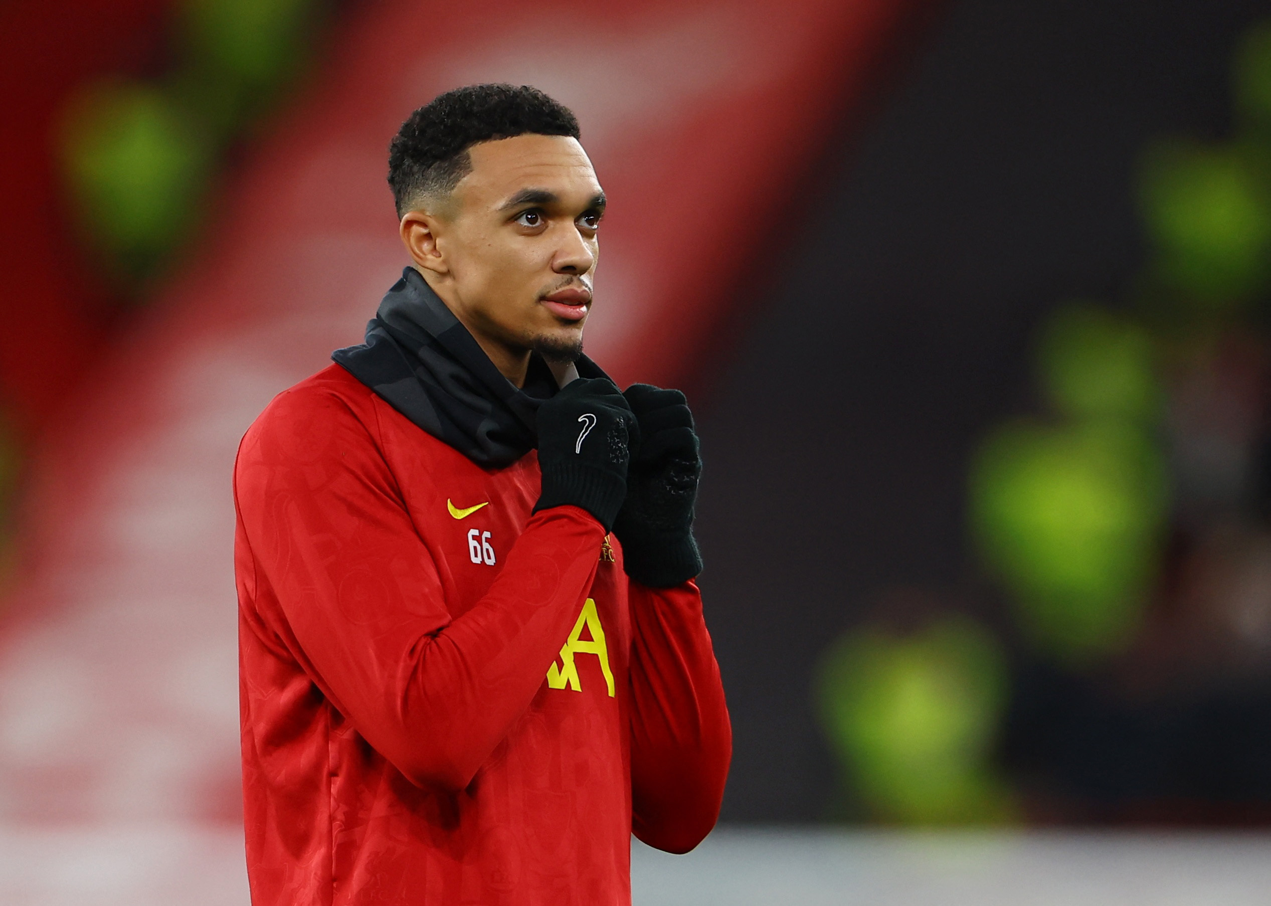 Soccer Football - Champions League - Liverpool v Real Madrid - Anfield, Liverpool, Britain - November 27, 2024 Liverpool's Trent Alexander-Arnold during the warm up before the match REUTERS