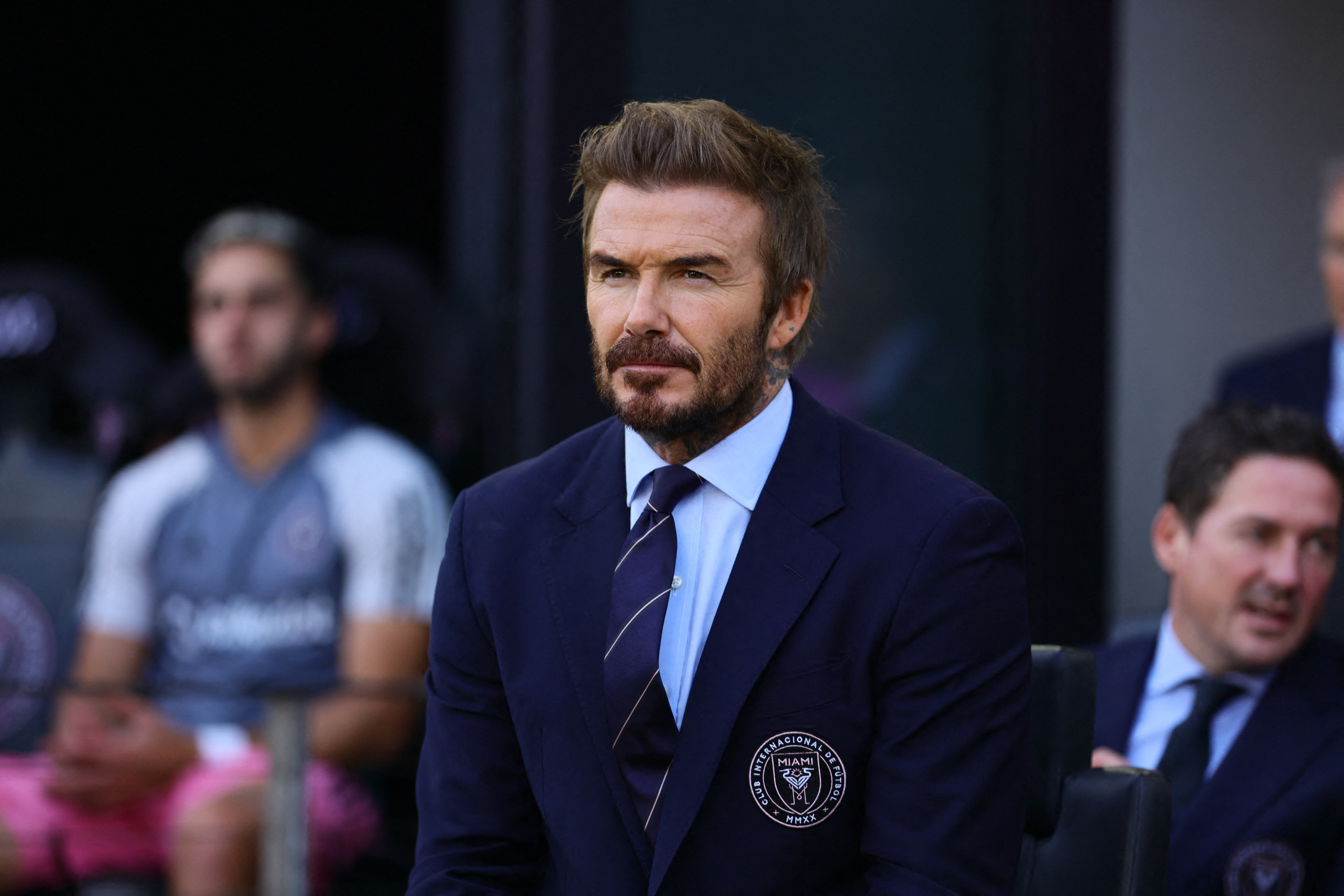 Oct 19, 2024; Fort Lauderdale, Florida, USA;  Inter Miami CF owner David Beckham watches play during the first half against the New England Revolution at Chase Stadium. Mandatory Credit: Sam Navarro-Imagn Images