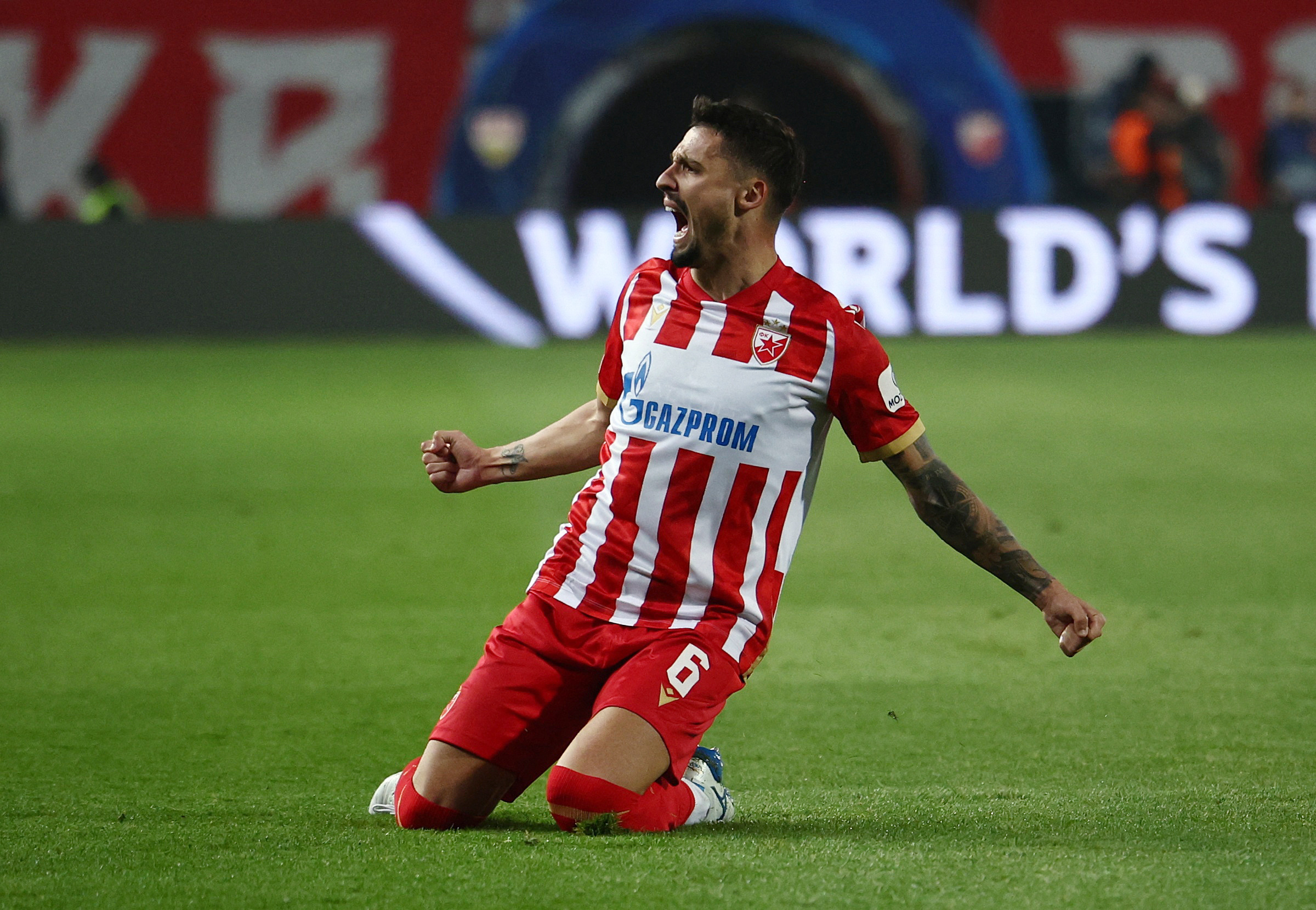 Soccer Football - Champions League - Crvena Zvezda v VfB Stuttgart - Rajko Mitic Stadium, Belgrade, Serbia - November 27, 2024 Crvena Zvezda's Rade Krunic celebrates scoring their second goal REUTERS