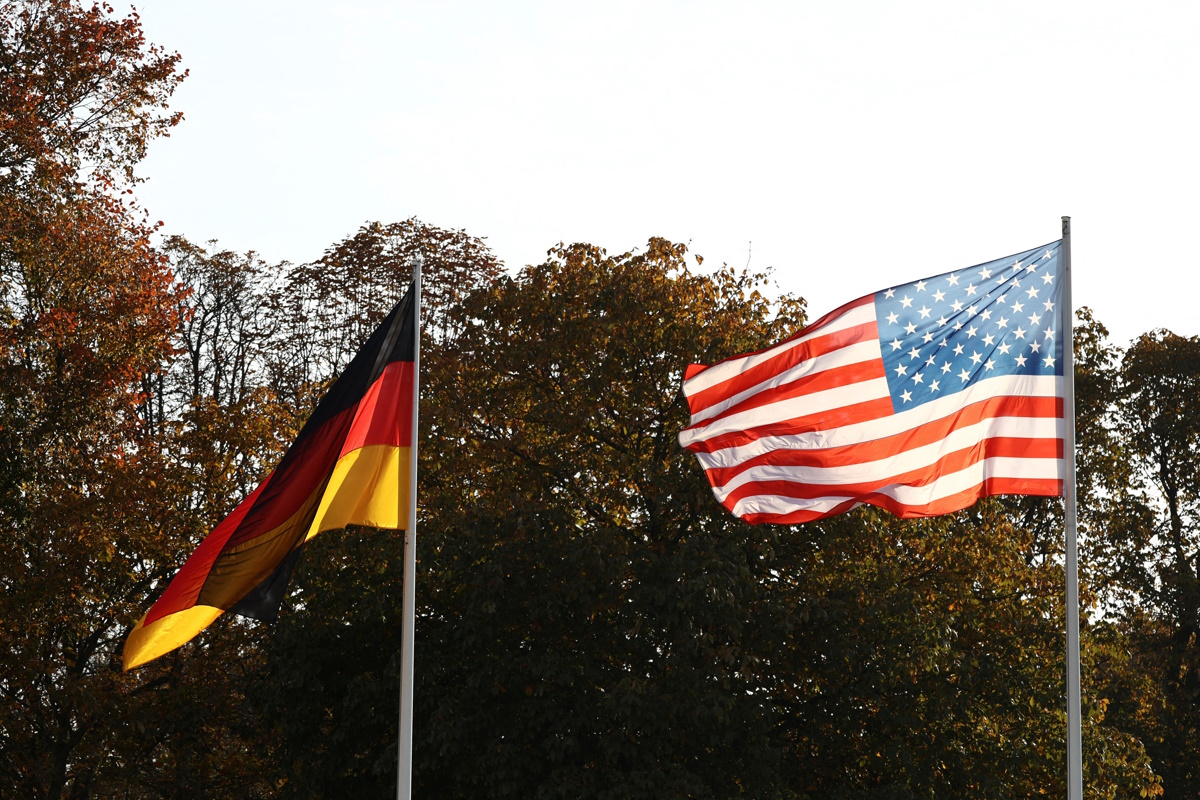 The U.S. and Germany flags flutter on the day when German President Frank-Walter Steinmeier receives U.S. President Joe Biden with military honours at Bellevue Palace in Berlin, Germany, October 18, 2024. REUTERS