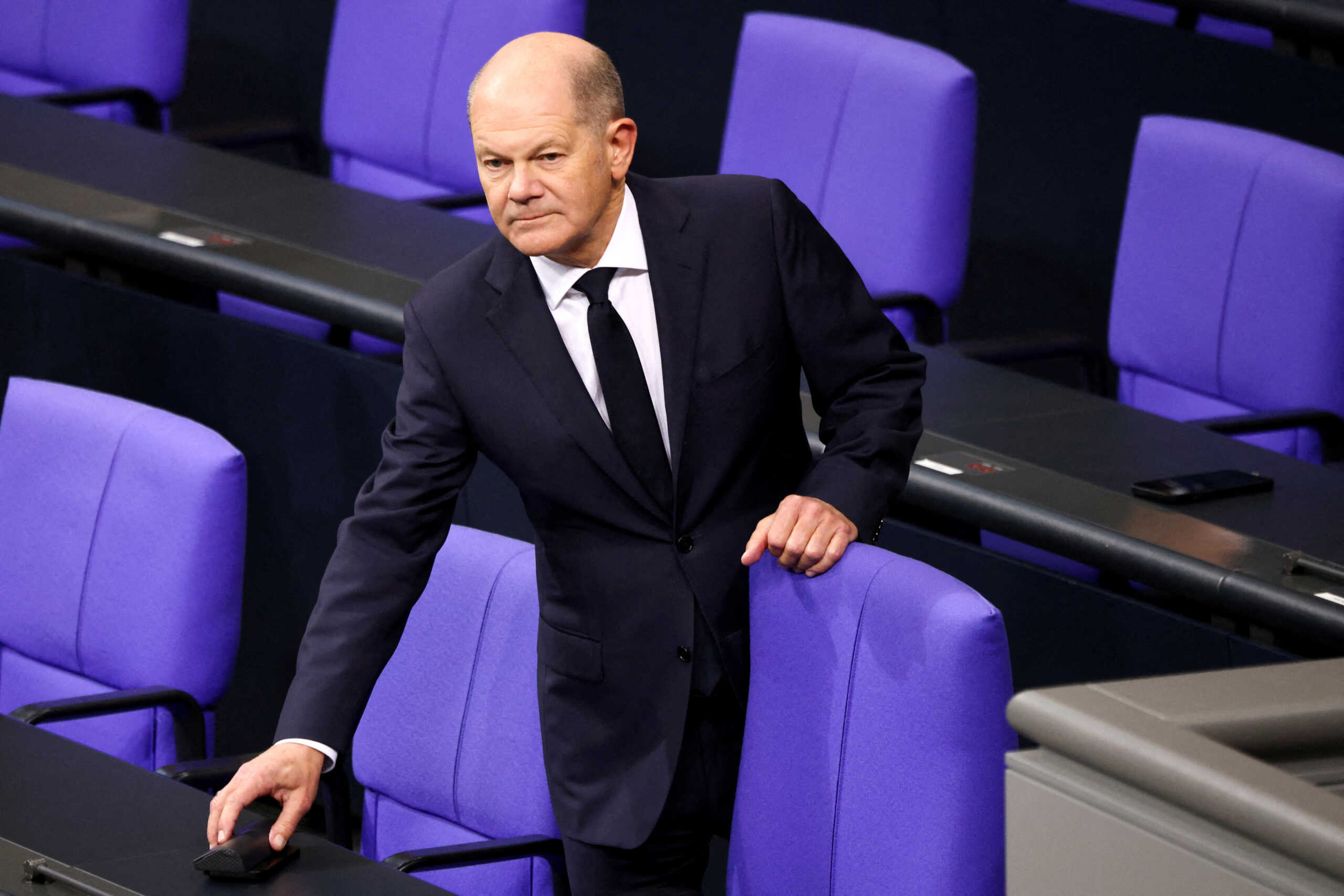 FILE PHOTO: German Chancellor Olaf Scholz reacts at the lower house of parliament, Bundestag in Berlin, Germany, November 7, 2024. REUTERS