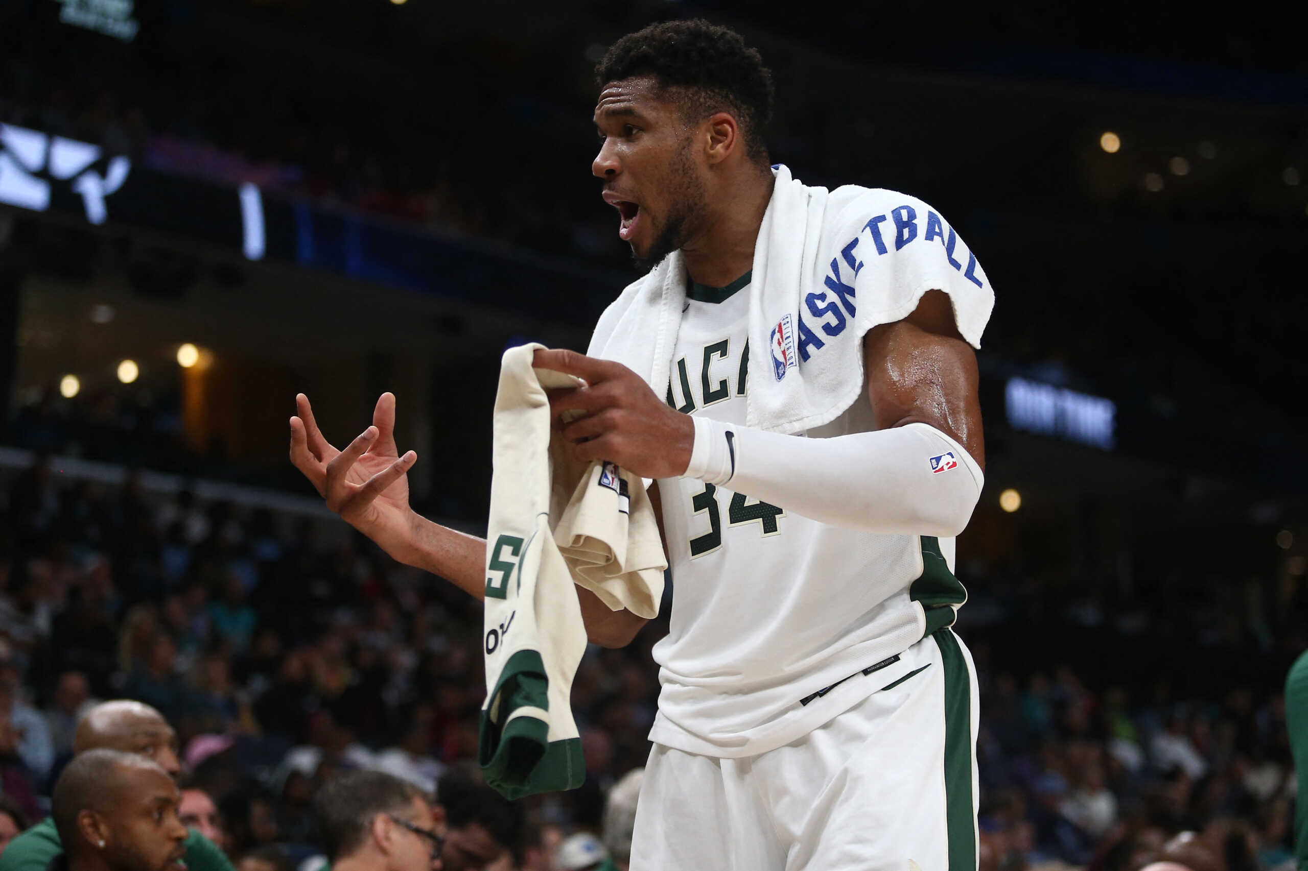 Oct 31, 2024; Memphis, Tennessee, USA; Milwaukee Bucks forward Giannis Antetokounmpo (34) reacts from the bench area during the first half against the Memphis Grizzlies at FedExForum. Mandatory Credit: Petre Thomas-Imagn Images