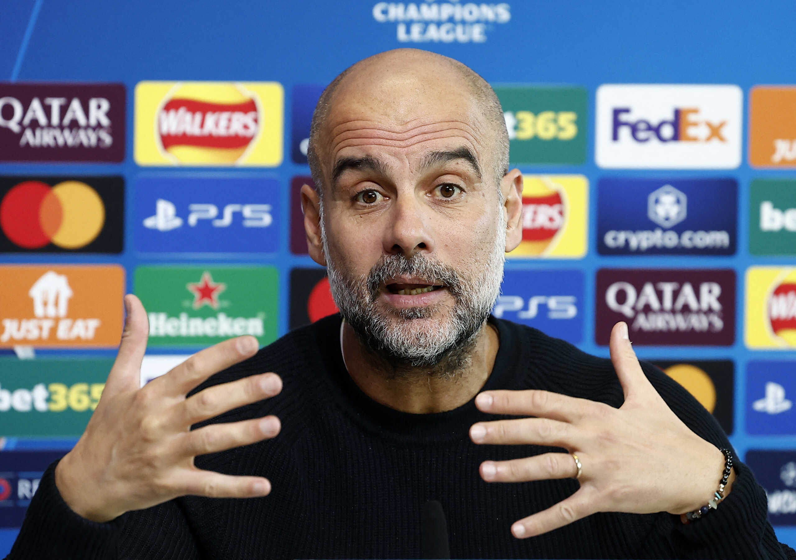 Soccer Football - Champions League - Manchester City Press Conference - Etihad Campus, Manchester, Britain - November 25, 2024 Manchester City manager Pep Guardiola during the press conference Action Images via Reuters