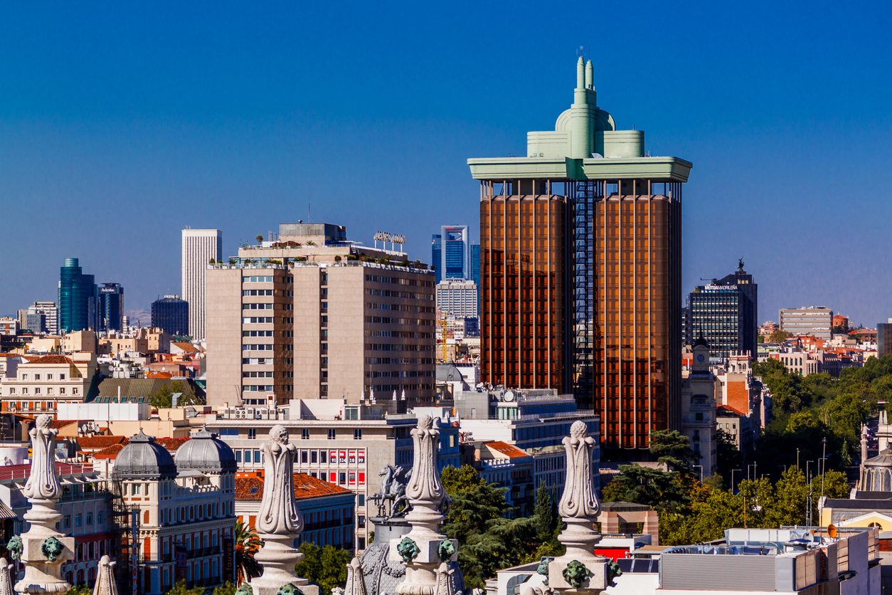Madrid, Spain - 30 September 2016: Aerial view on Paseo de Recoletos and Torres de Colon.
