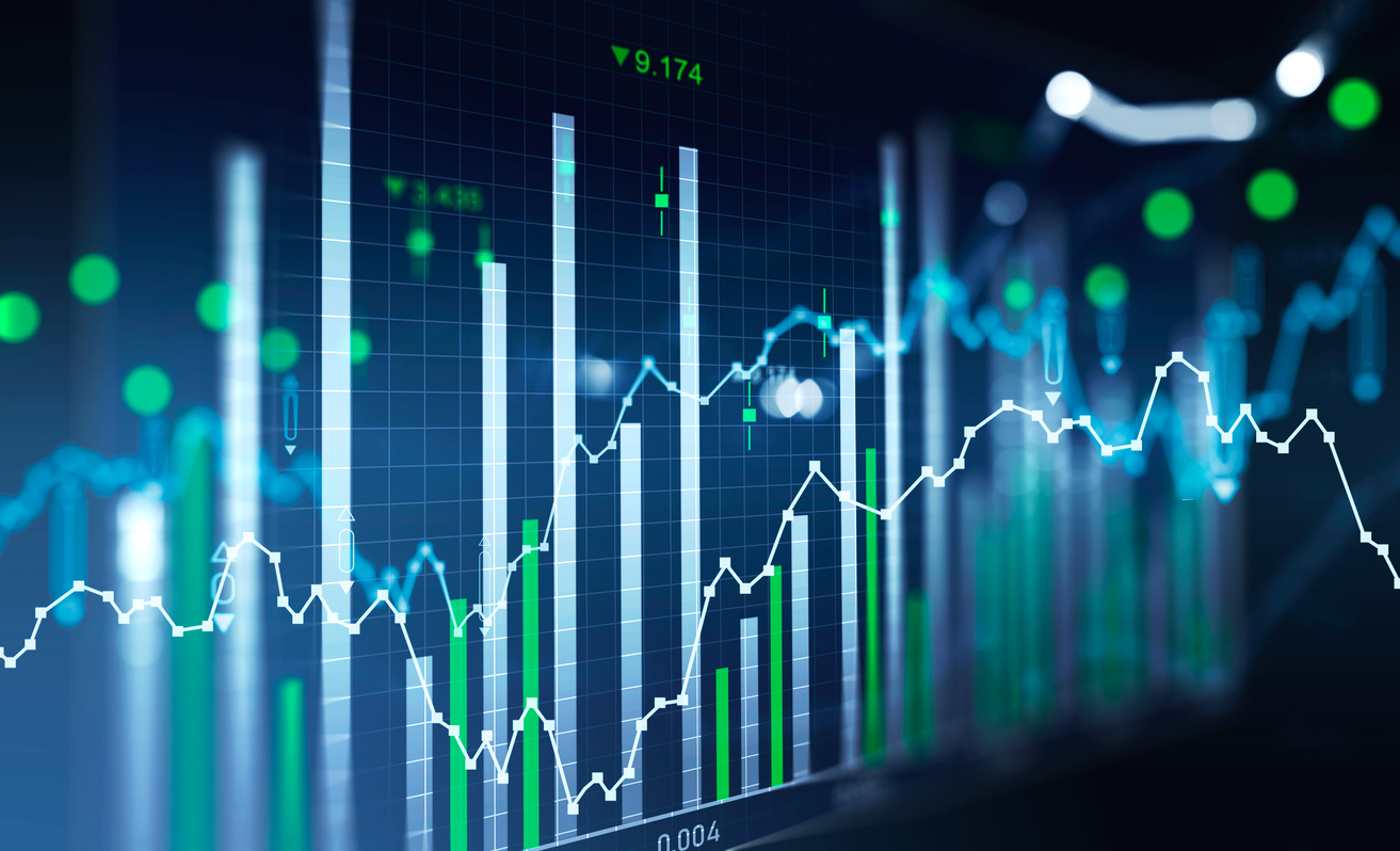 Financial chart and rising graph with lines and numbers and bar diagrams that illustrate stock market behavior. Concept of successful trading. Dark blue background. 3d rendering