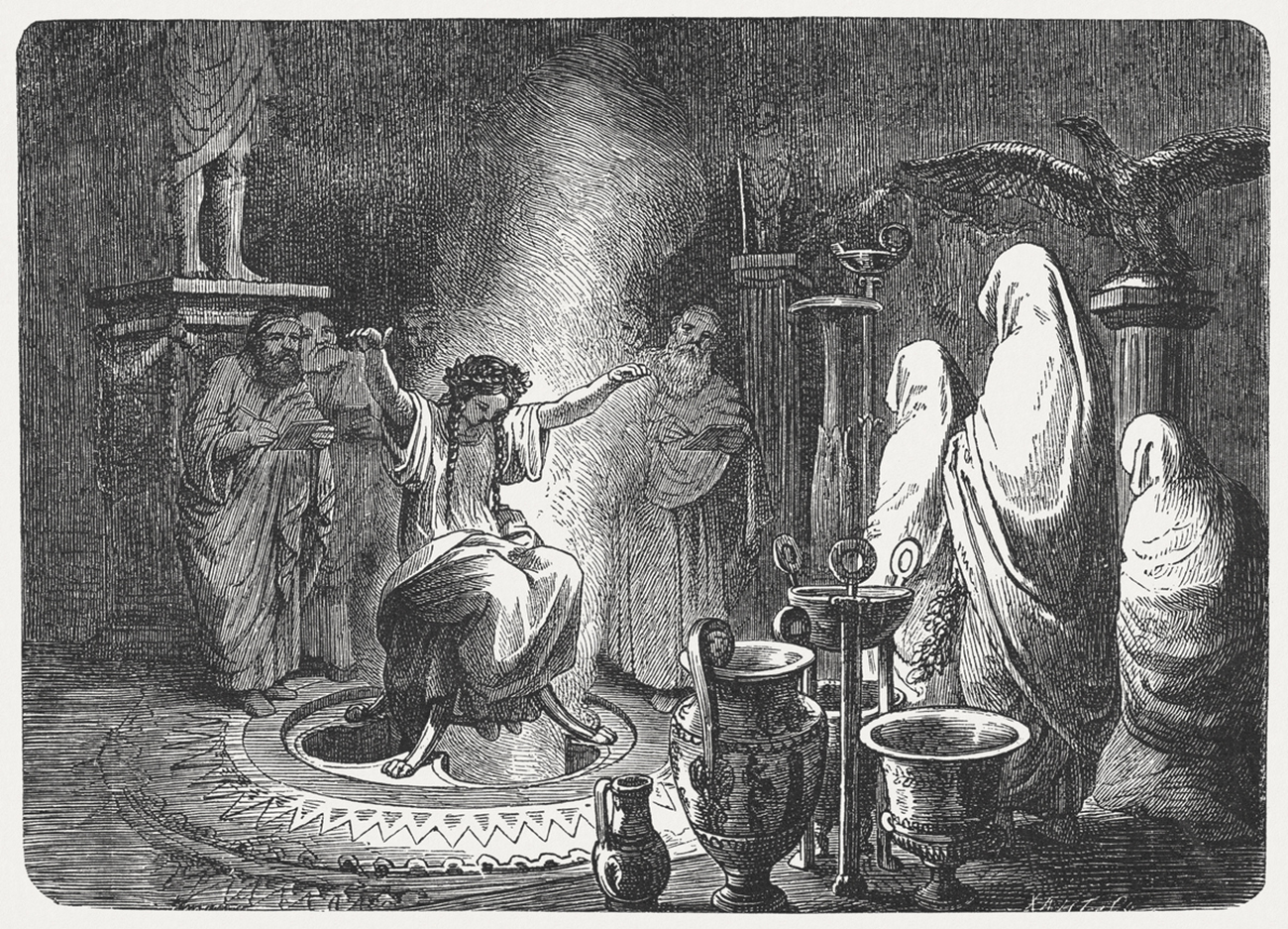 Pythia on the Tripod. As High Priestess of the Temple of Apollo at Delphi, she served as the Oracle of Delphi. Wood engraving after a drawing by Heinrich Leutemann (German painter, 1824 - 1905), published in 1880.