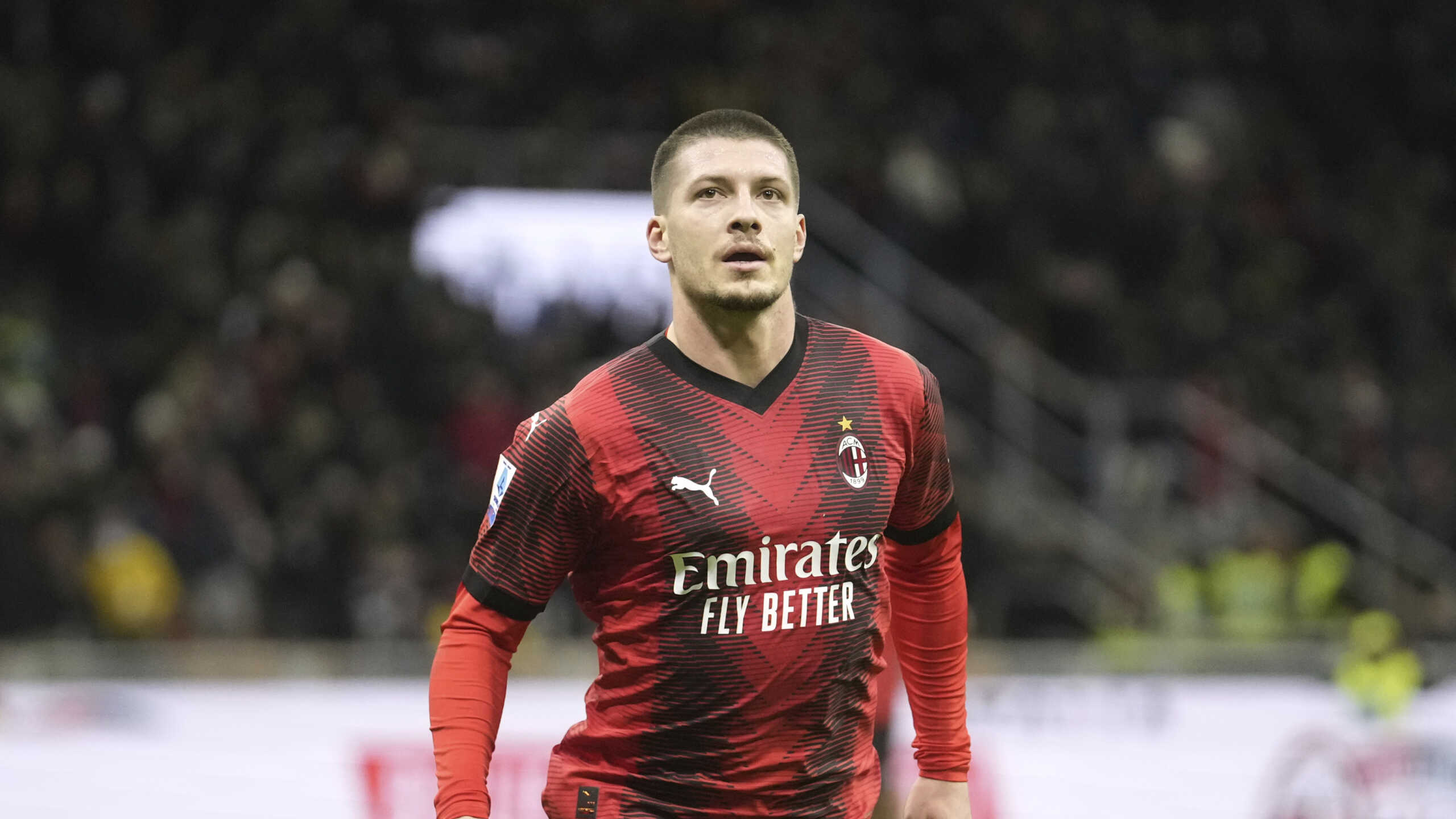 AC Milan's Luka Jovic celebrates after scoring his side's first goal during a Serie A soccer match between AC Milan and Frosinone, at the San Siro stadium in Milan, Italy, Tuesday, Dec. 5, 2023. (AP Photo
