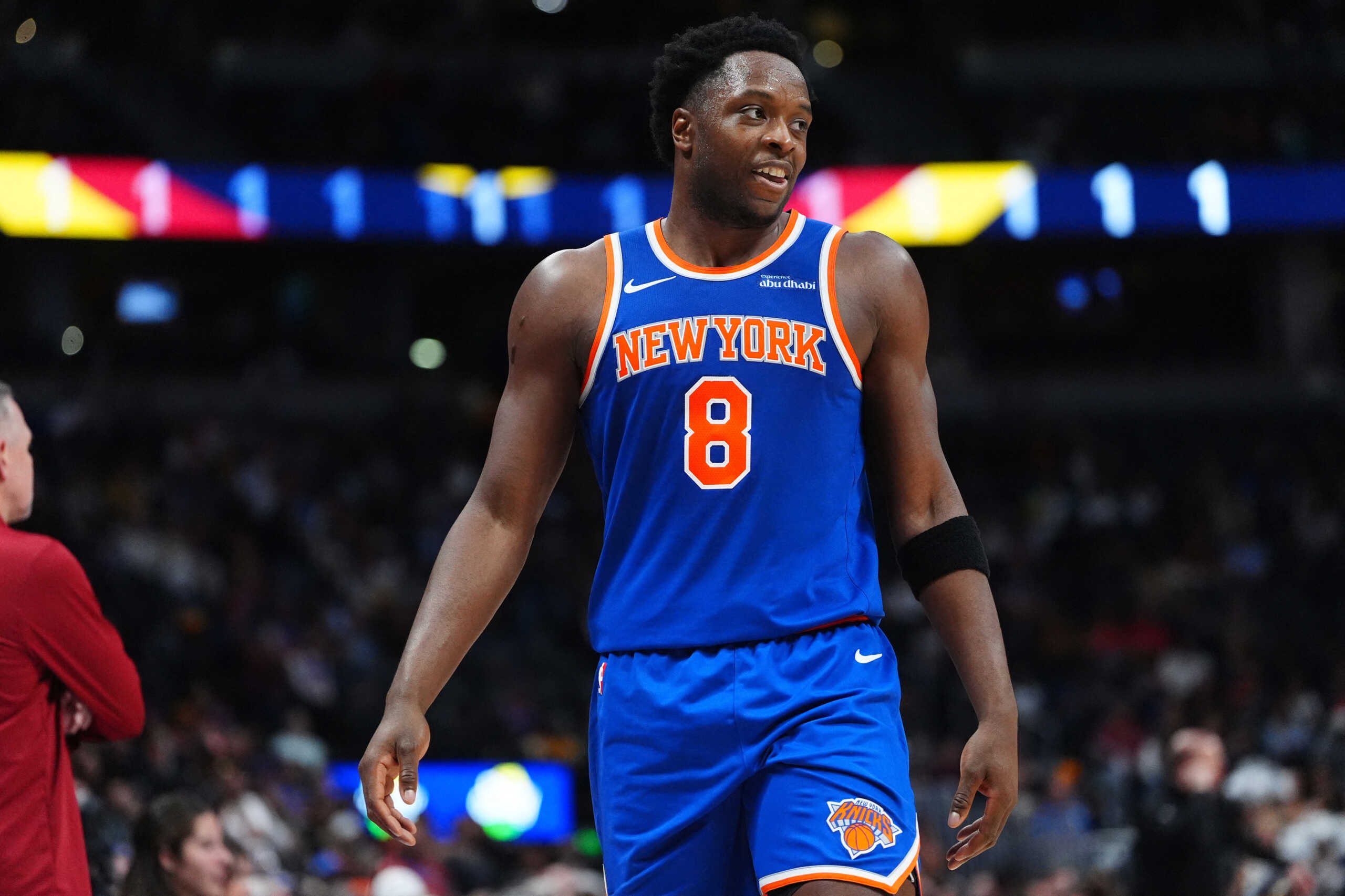 Nov 25, 2024; Denver, Colorado, USA; New York Knicks forward OG Anunoby (8) reacts in the second half against the Denver Nuggets at Ball Arena. Mandatory Credit: Ron Chenoy-Imagn Images
