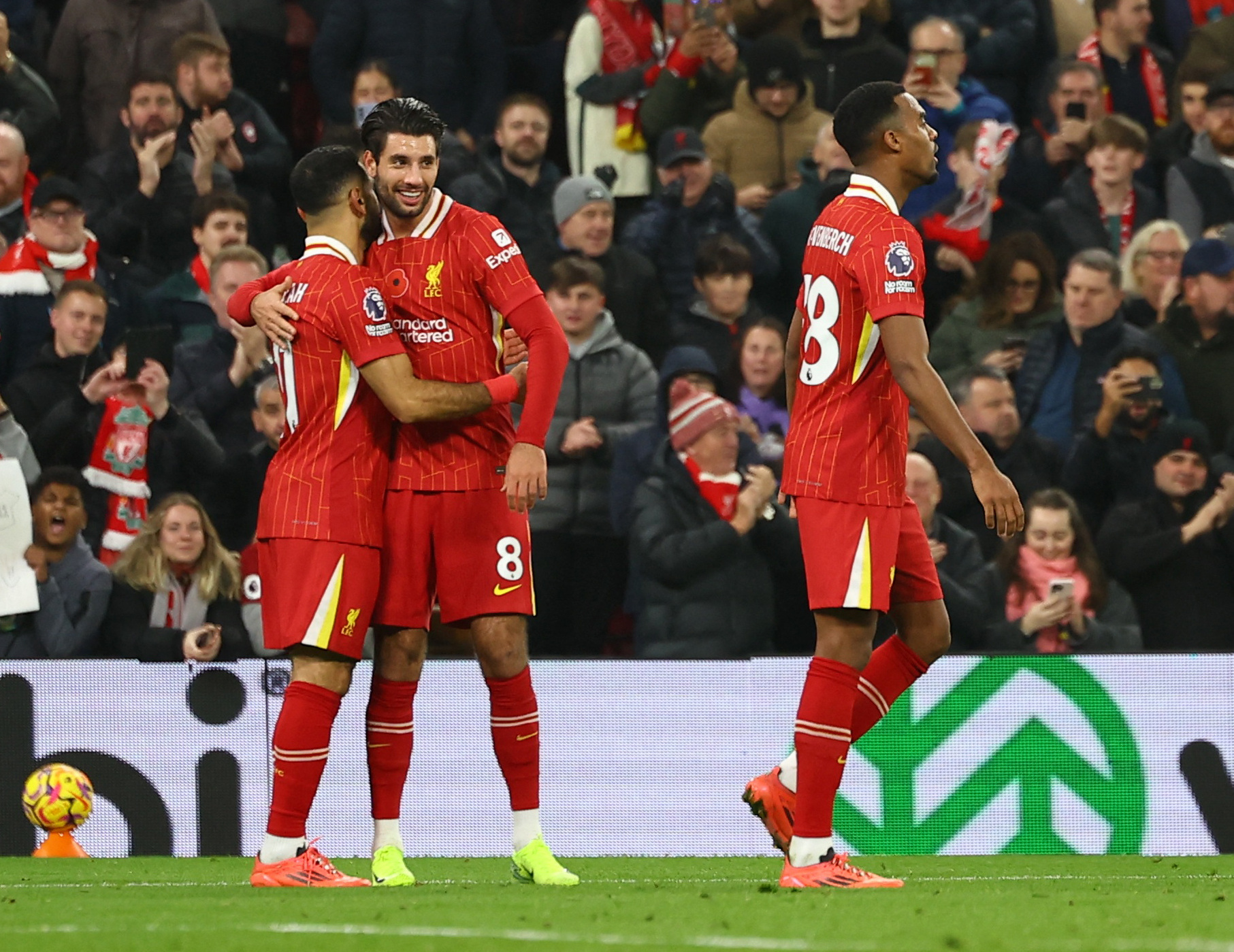 Soccer Football - Premier League - Liverpool v Aston Villa - Anfield, Liverpool, Britain - November 9, 2024 Liverpool's Mohamed Salah celebrates scoring their second goal with Dominik Szoboszlai REUTERS