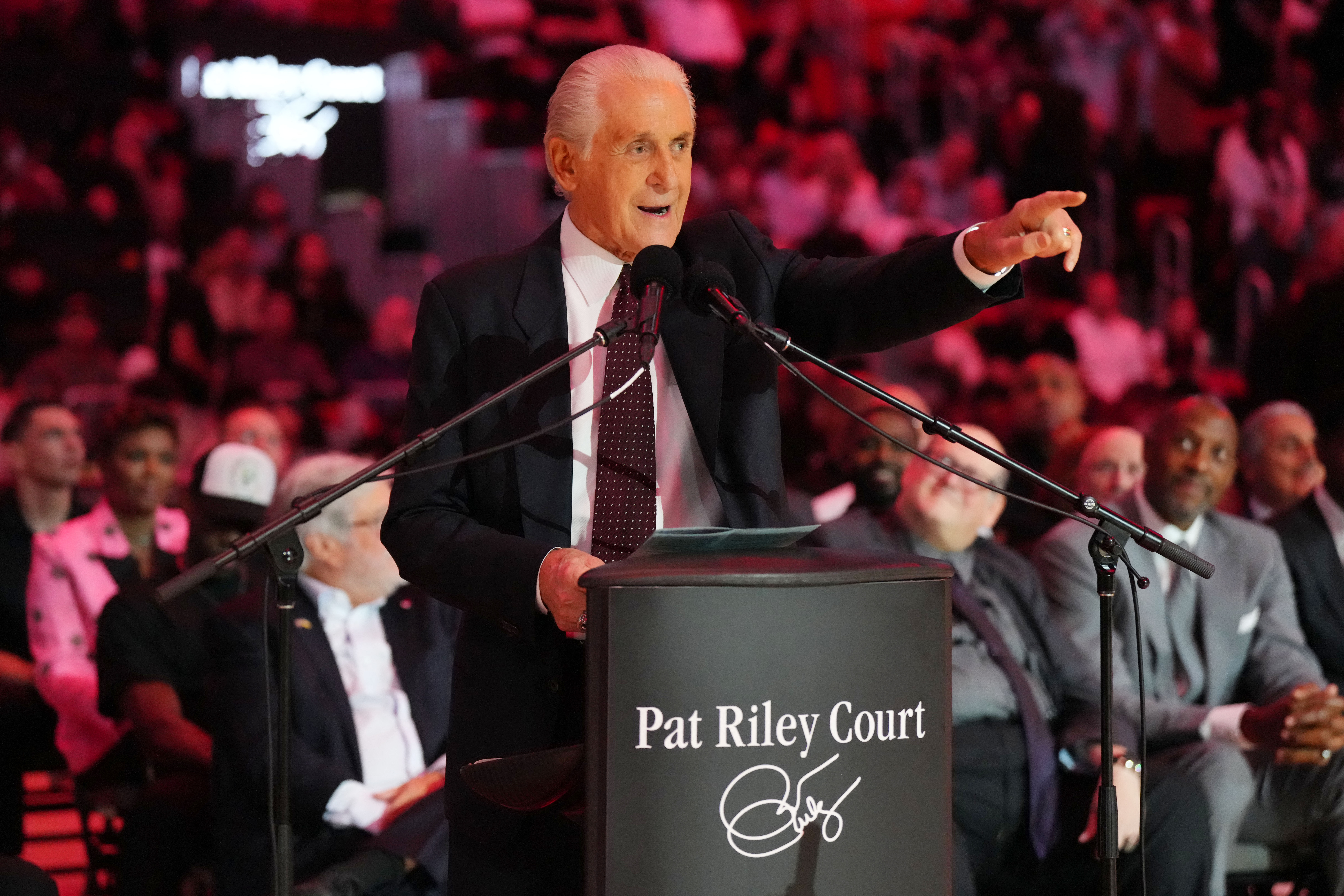Oct 23, 2024; Miami, Florida, USA;  Miami Heat president Pat Riley addresses the crowd during the Pat Riley Court dedication ceremony at halftime at Kaseya Center. Mandatory Credit: Jim Rassol-Imagn Images