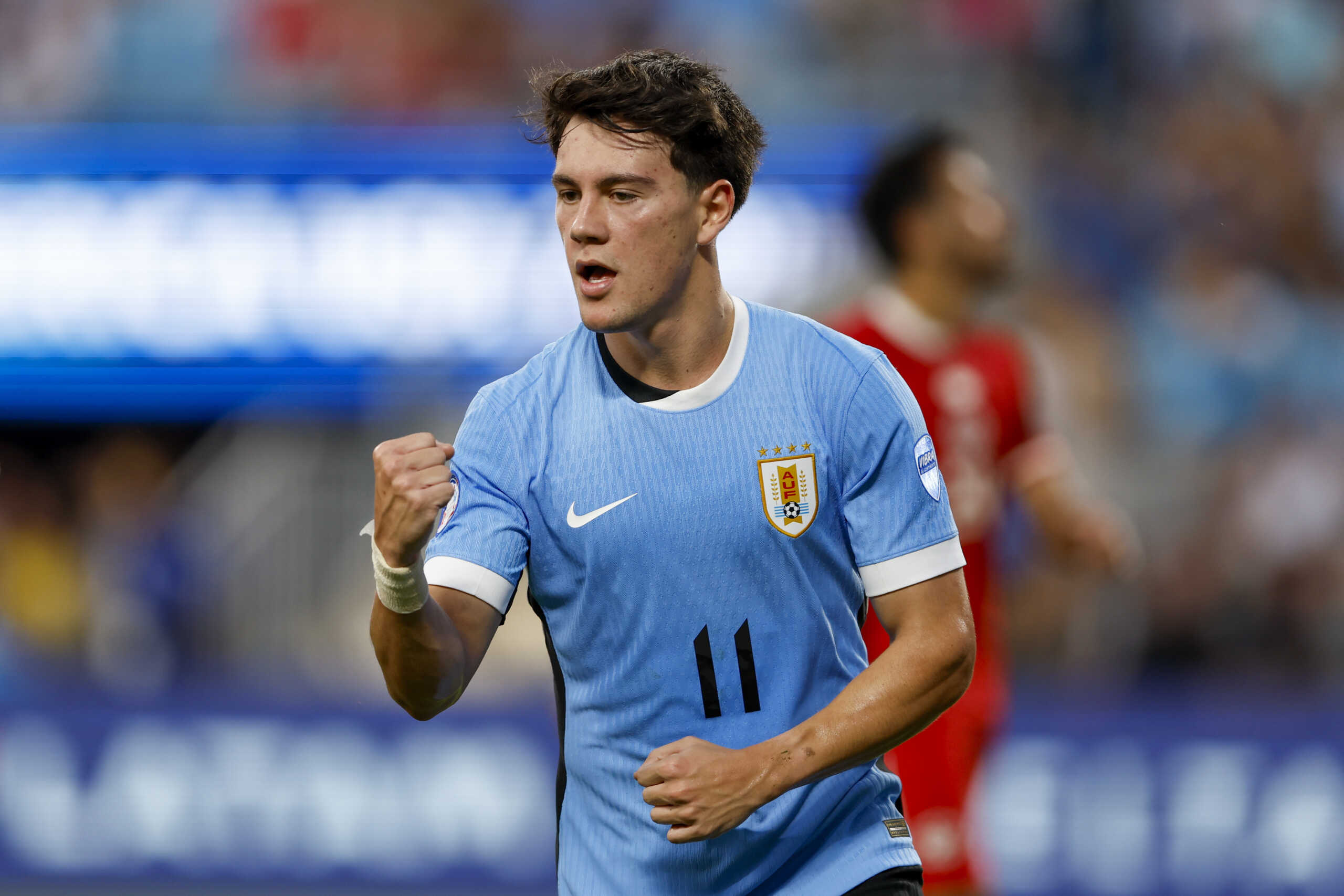 Uruguay midfielder Facundo Pellistri reacts during the Copa America third place soccer match against Canada in Charlotte, N.C., Saturday, July 13, 2024. (AP Photo