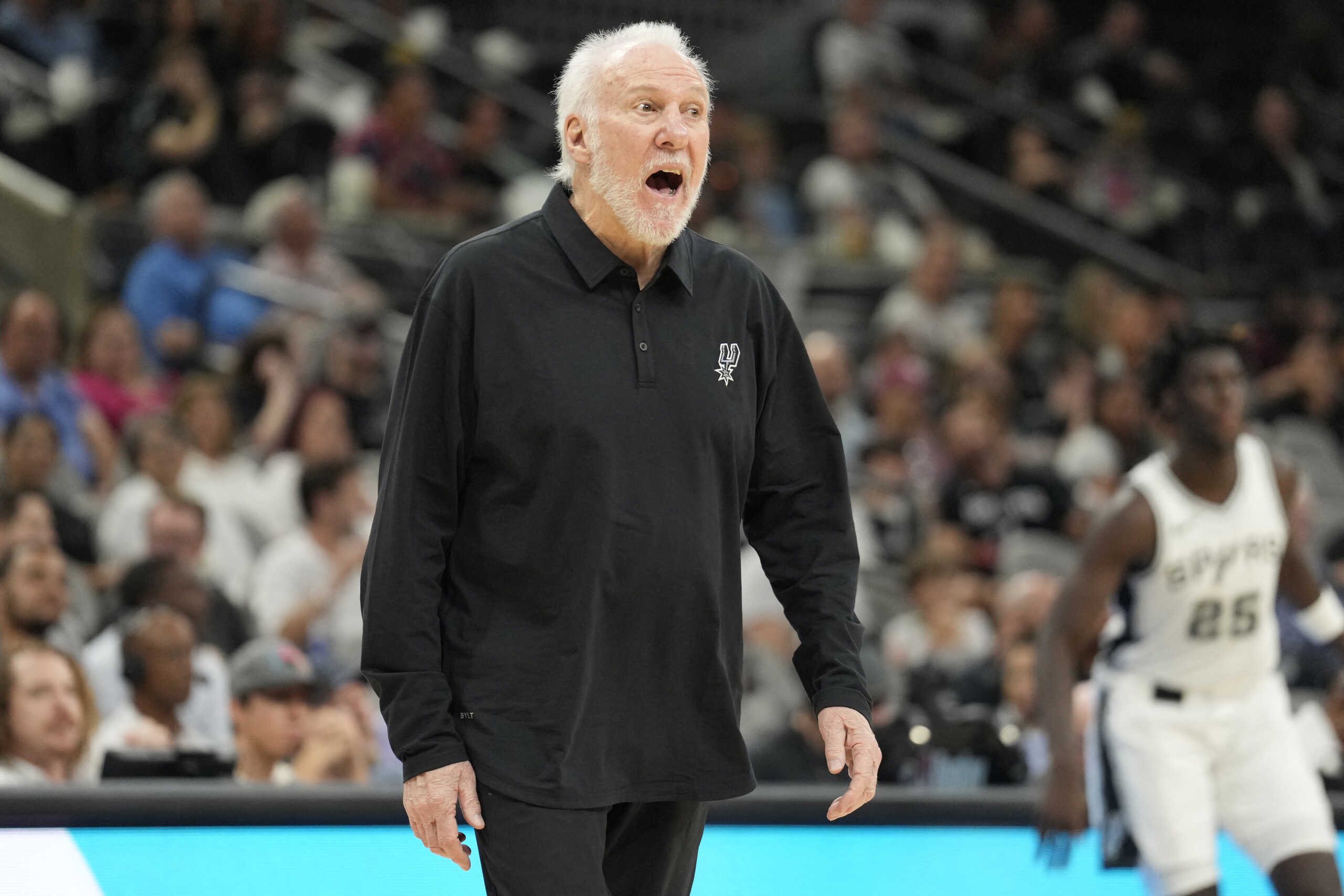 Oct 7, 2024; San Antonio, Texas, USA; San Antonio Spurs head coach Gregg Popovich reacts during the second half against the Oklahoma City Thunder at Frost Bank Center. Mandatory Credit: Scott Wachter-Imagn Images