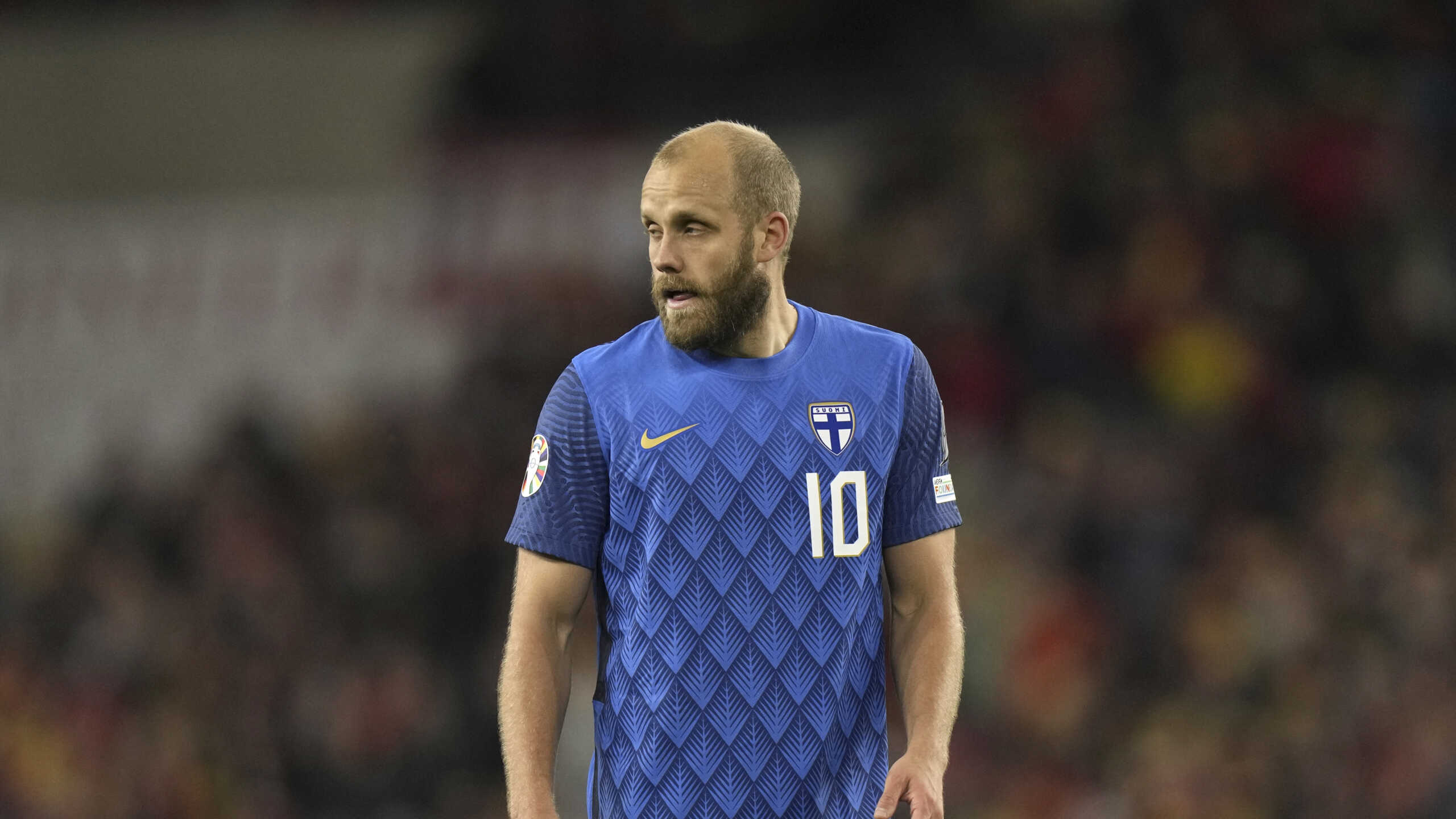 Finland's Teemu Pukki watch plays during the Euro 2024 play-off semifinal soccer match between Wales and Finland in Cardiff, Wales, Thursday March 21, 2024. (AP Photo