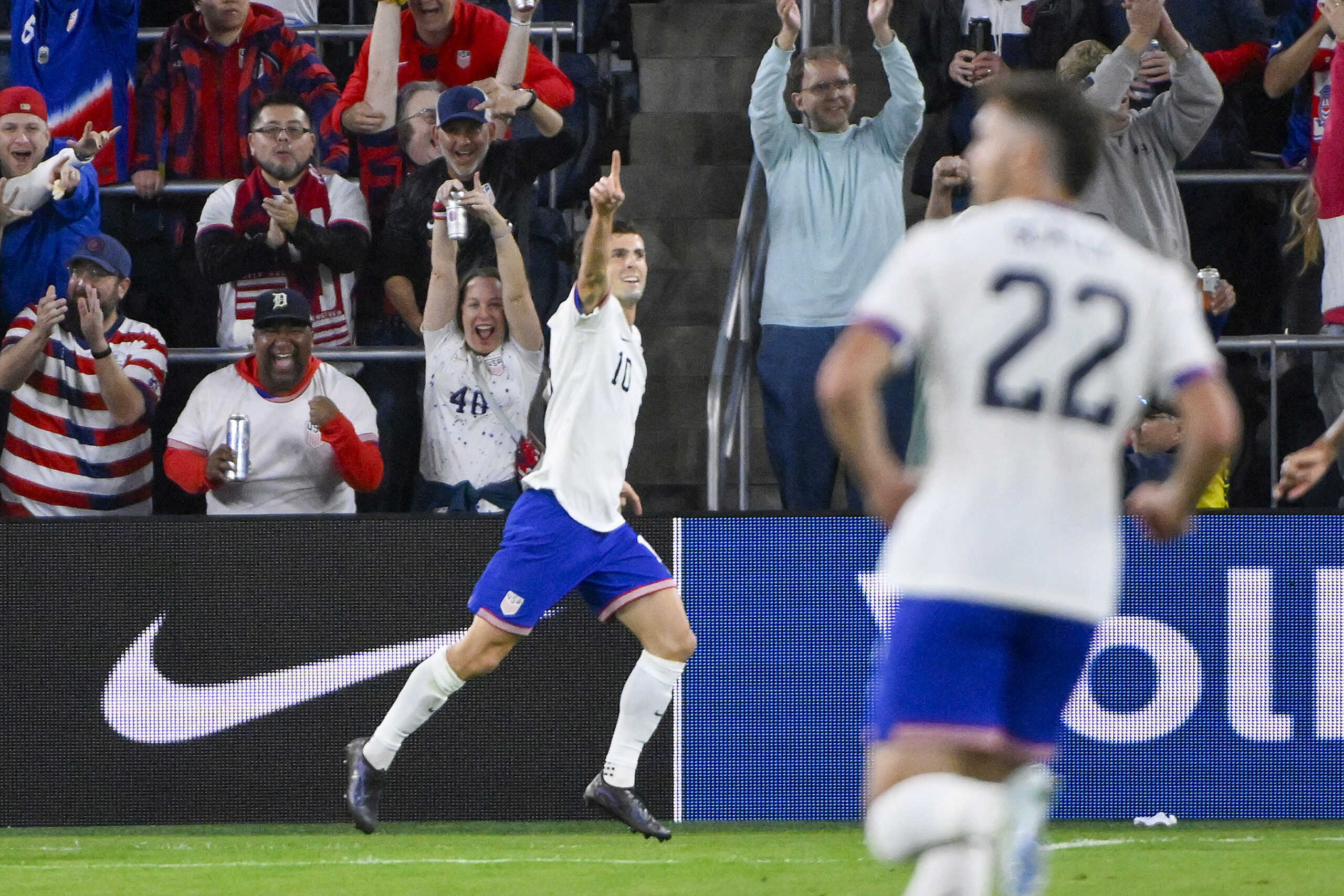 Nov 18, 2024; St. Louis, Missouri, USA;  United States forward Christian Pulisic (10) reacts after scoring against Jamaica during the first half at CITYPark. Mandatory Credit: Jeff Curry-Imagn Images