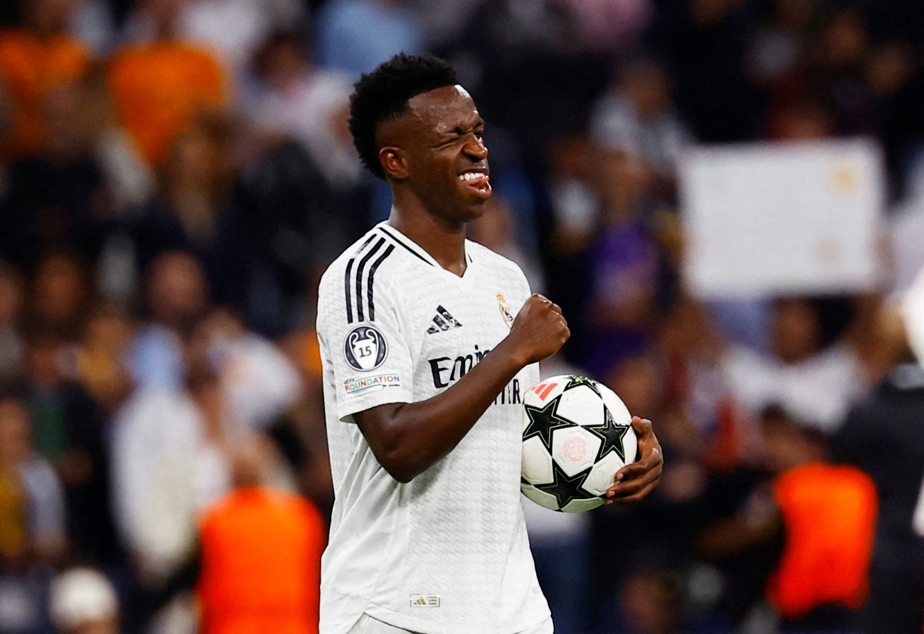 Soccer Football - Champions League - Real Madrid v Borussia Dortmund - Santiago Bernabeu, Madrid, Spain - October 22, 2024 Real Madrid's Vinicius Junior celebrates after the match REUTERS