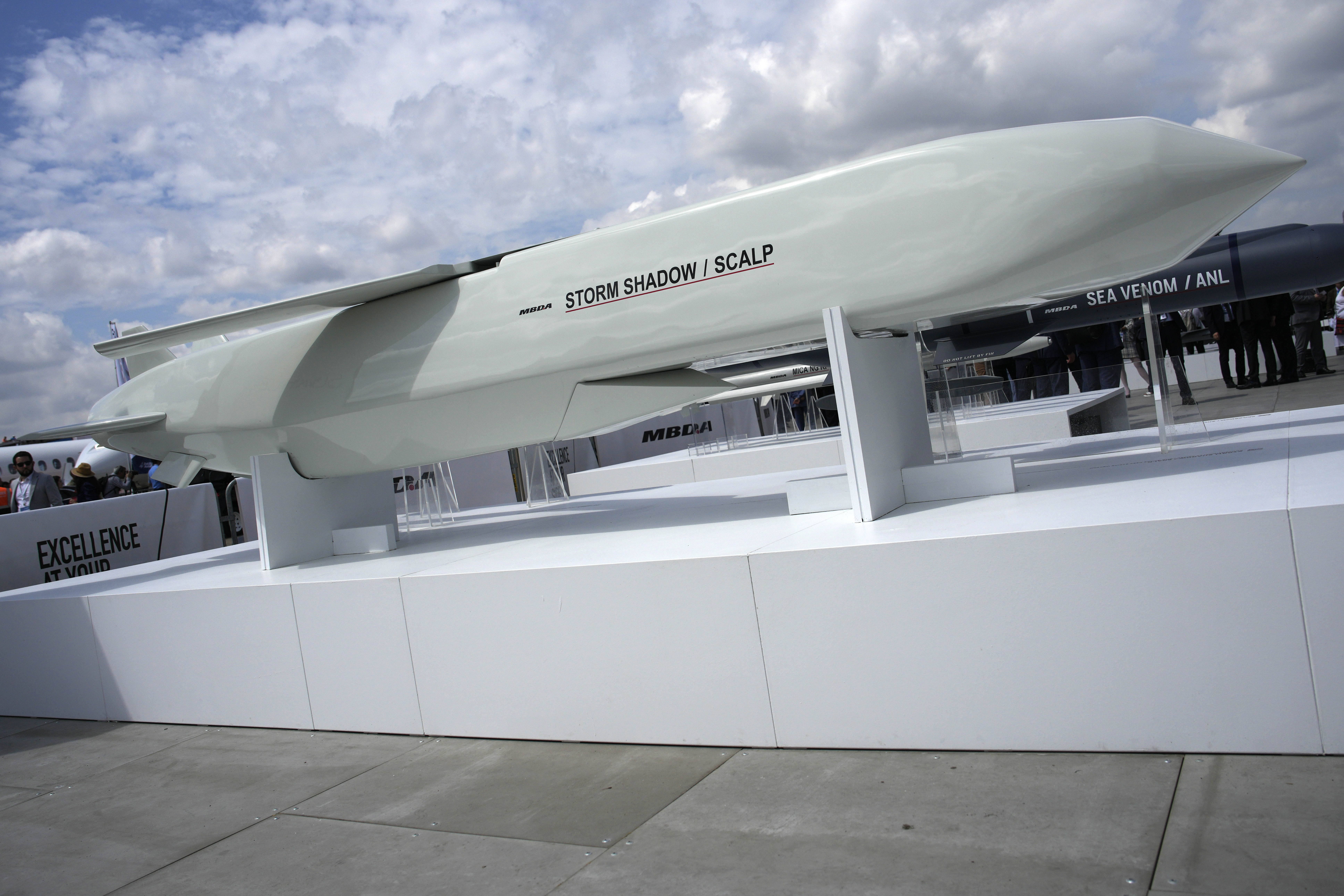 FILE - The Storm Shadow cruise missile is on display during the Paris Air Show in Le Bourget, north of Paris, France, on June 19, 2023. French President Emmanuel Macron has called for Western countries to let Ukraine strike military bases inside Russia with the sophisticated long-range weapons they are providing to Kyiv. It is the most recent sign of a potentially significant policy shift that could help change the complexion of the war. (AP Photo