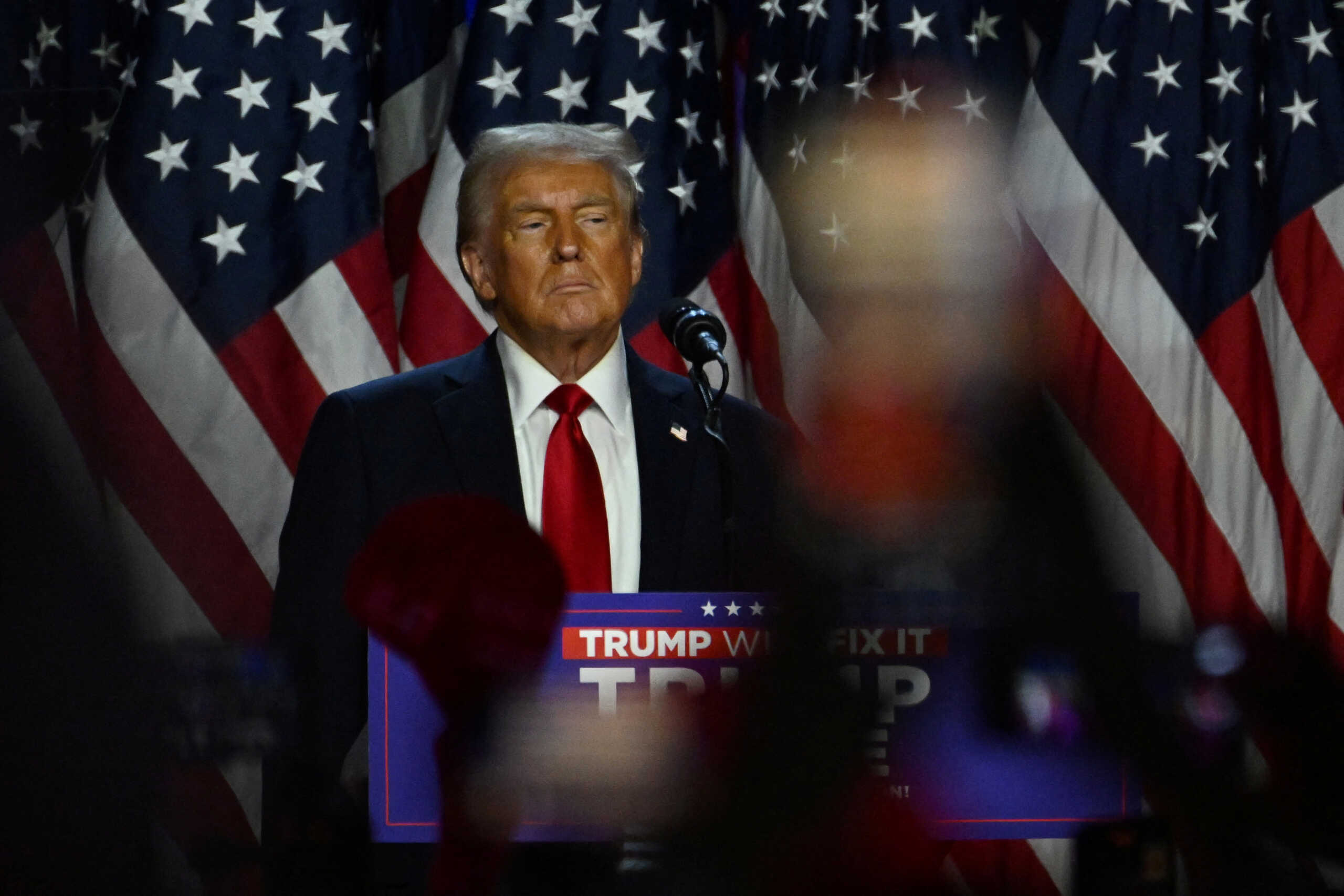 Republican presidential nominee and former U.S. President Donald Trump takes the stage following early results from the 2024 U.S. presidential election in Palm Beach County Convention Center, in West Palm Beach, Florida, U.S., November 6, 2024. REUTERS