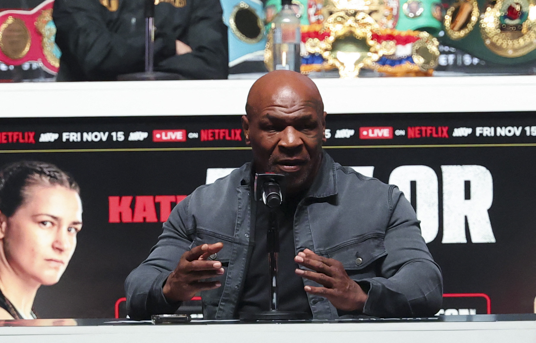 Nov 13, 2024; Irving, TX, USA;  Mike Tyson speaks to the media about his upcoming fight with Jake Paul at The Pavilion at Toyota Music Factory. Mandatory Credit: Kevin Jairaj-Imagn Images