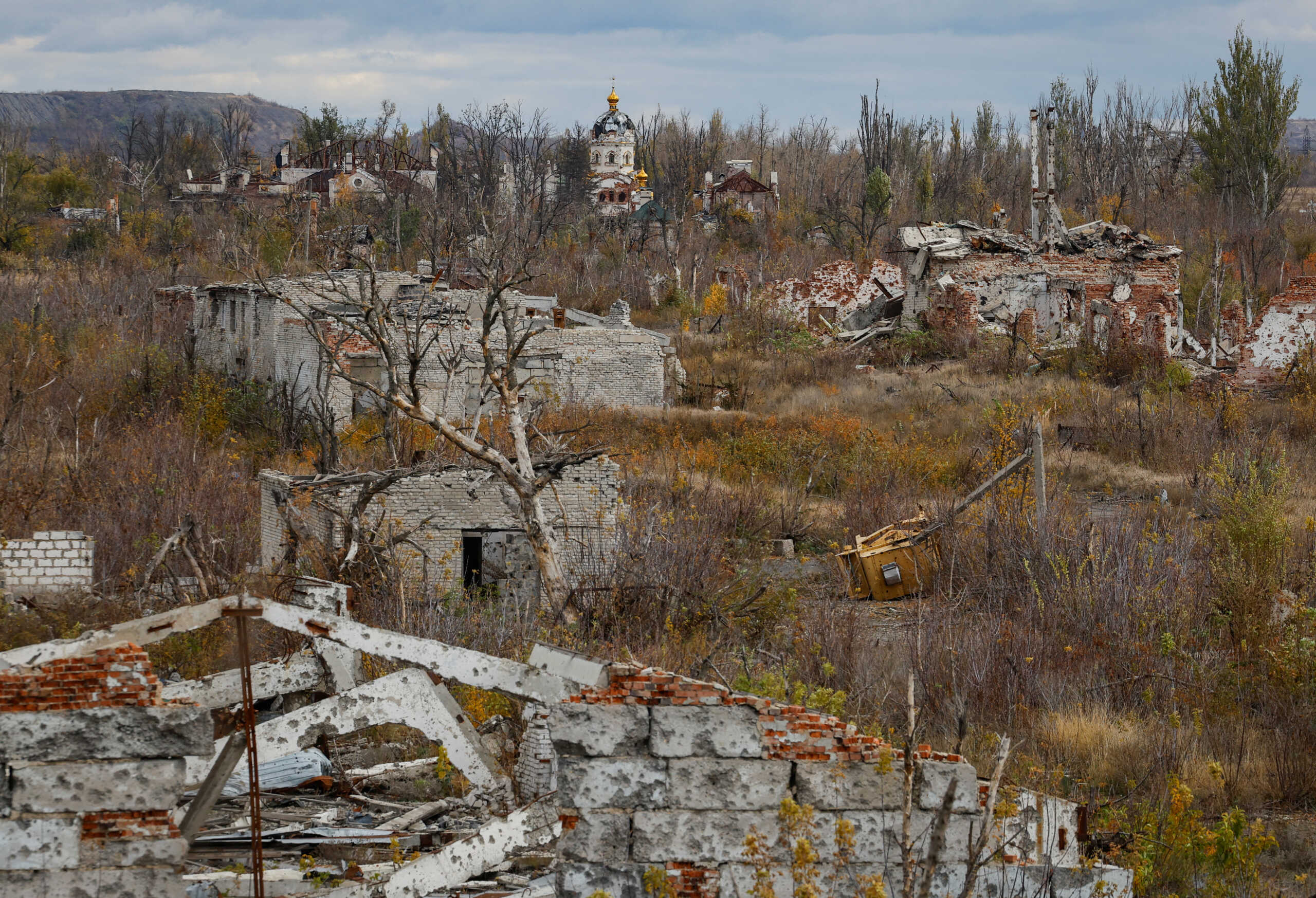 Building of the Iverskiy nunnery, damaged in the course of the Russia-Ukraine conflict, is seen in the village of Pisky in the Donetsk region, Russian-controlled Ukraine, November 3, 2024. REUTERS