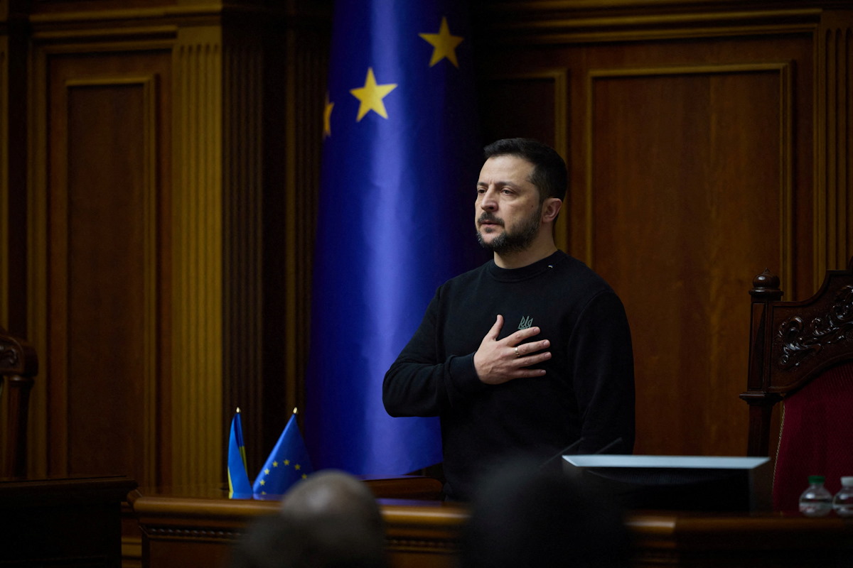 FILE PHOTO: Ukraine's President Volodymyr Zelenskiy addresses lawmakers on the 1000th day of Russia's full-scale invasion of Ukraine, during a parliament session in Kyiv, Ukraine November 19, 2024. Ukrainian Presidential Press Service