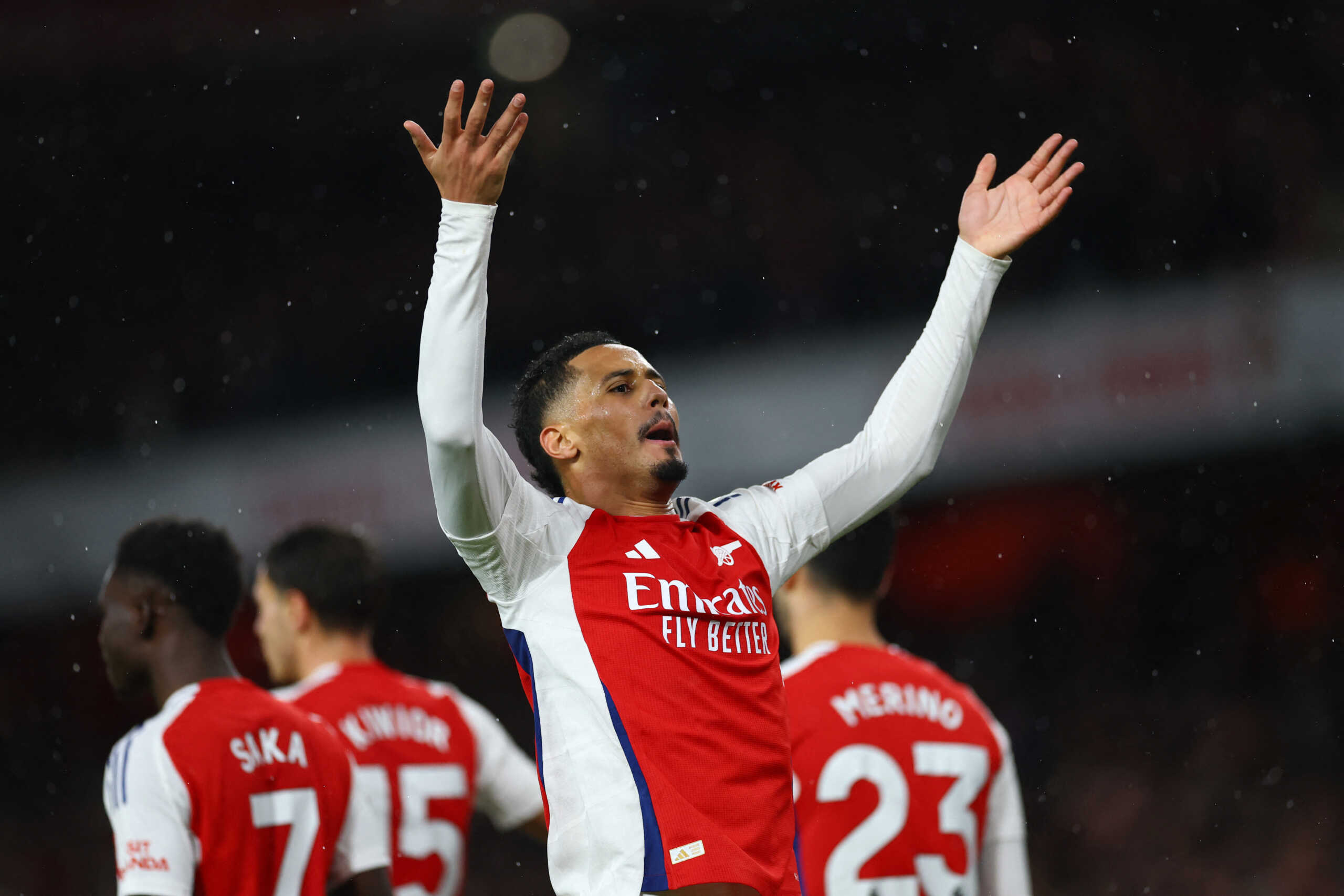 Soccer Football - Premier League - Arsenal v Manchester United - Emirates Stadium, London, Britain - December 4, 2024 Arsenal's William Saliba celebrates scoring their second goal Action Images via Reuters