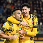 Soccer Football - Serie A - Cagliari v Inter Milan - Unipol Domus, Cagliari, Italy - December 28, 2024 Inter Milan's Lautaro Martinez celebrates scoring their second goal with Alessandro Bastoni REUTERS