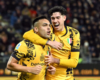 Soccer Football - Serie A - Cagliari v Inter Milan - Unipol Domus, Cagliari, Italy - December 28, 2024 Inter Milan's Lautaro Martinez celebrates scoring their second goal with Alessandro Bastoni REUTERS