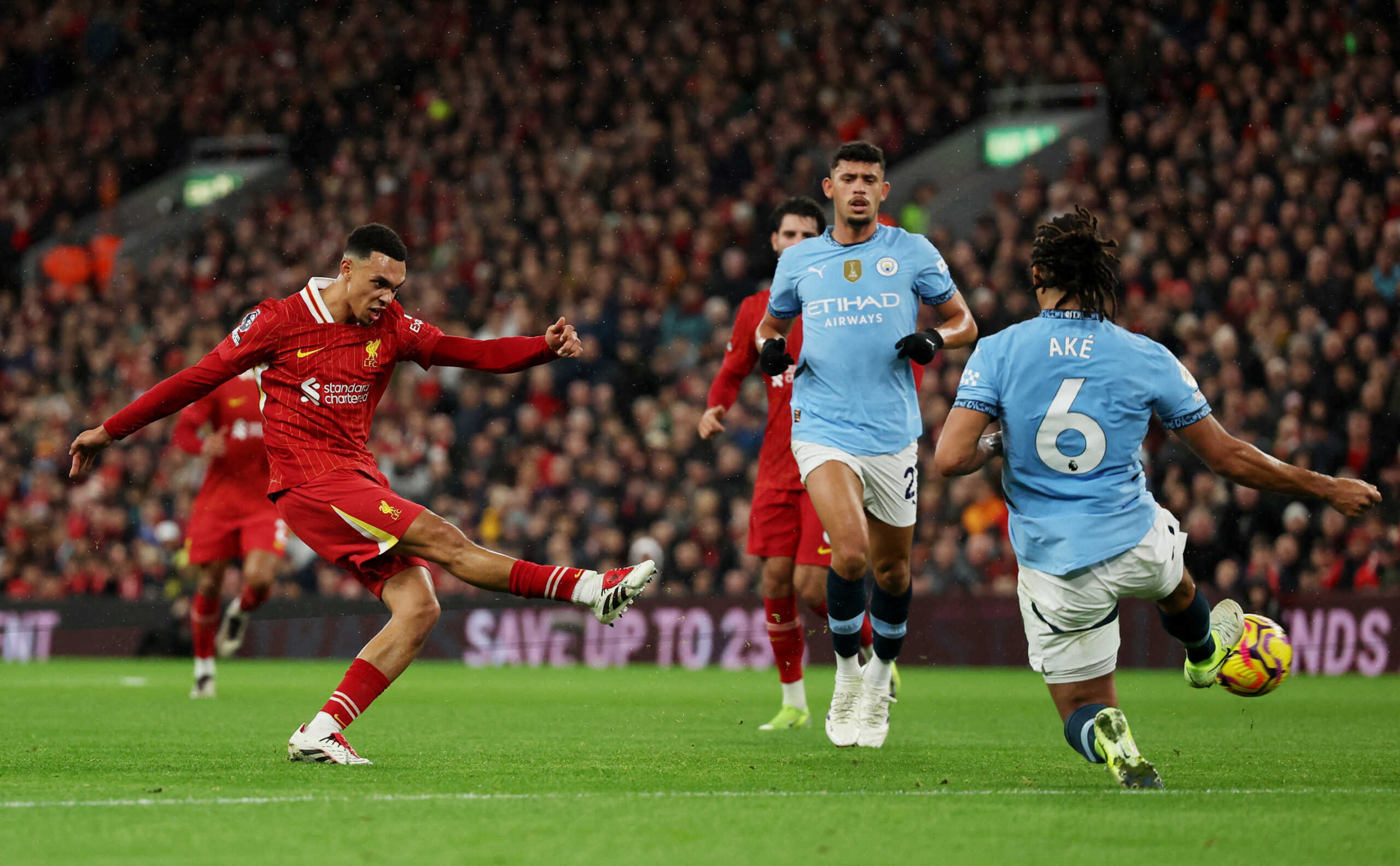 Soccer Football - Premier League - Liverpool v Manchester City - Anfield, Liverpool, Britain - December 1, 2024  Liverpool's Trent Alexander-Arnold shoots at goal REUTERS